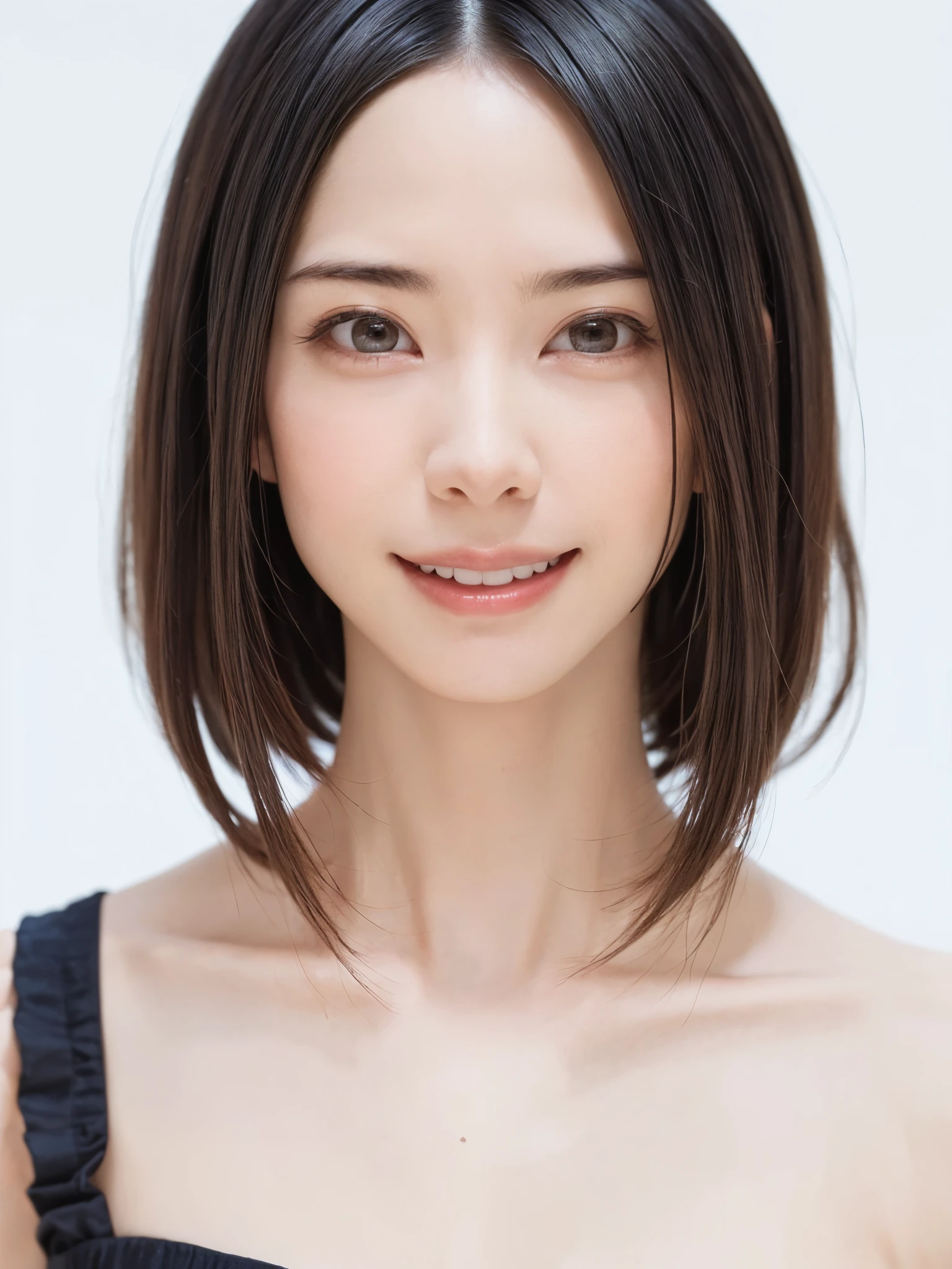 1 girl, alone, Beautiful Skin, very detaileded, ultra detaileded, Ultra-high resolution, (Photorealism:1.4), (highest quality), (Best Shadow), detailed, Perfect lighting, Black Hair, ((Showpiece, highest quality, High precision)), One Girl, (Realistic: 1.4), (look up at the camera even a little, カメラをlook up, look up, look up at the camera, Looking into the camera))), alone, White Background, snow-White Background, shut up., smile, pretty Black Hair, short hair:1.6, Big eyes, Beautiful double eyelids, eyelash, listen, Long neck, 美しいLong neck, Absolute area, ((Face close-up, short hair with bangs、Short Bob Hair:1.5、Off the shoulder)), 19 years old, Attractive proportions, Shiny skin, Beautiful clavicle, Golden ratio face, Perfect Face, Teardrop-shaped mole, Mole on chest, bangs, clean bangs, beautiful bangs, Lip gloss, Thin lips, White skin, I took off my clothes, Small face, Small face, 少し上を向いてLooking into the camera, ((smile a little for the camera, really nothing pure White Background, Listen carefully, big 胸、Dynamic Angle:1.5))