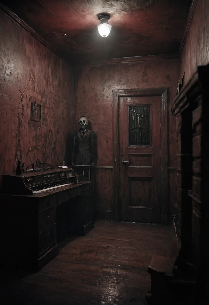 Night room, dark room, completely darkened room, grainy, sepia, creepy environment, dark red tint. Creepypasta is a scary demon with very big eyes and a scary smile. A creepy look from the shadows. Laurie Lipton style. Joshua Hoffin. Dariusz Zawadsky. Tetsuya Ishida. Zdzislaw Beksinski. Patrizia Piccinini. Mark Powell. Sven 37.