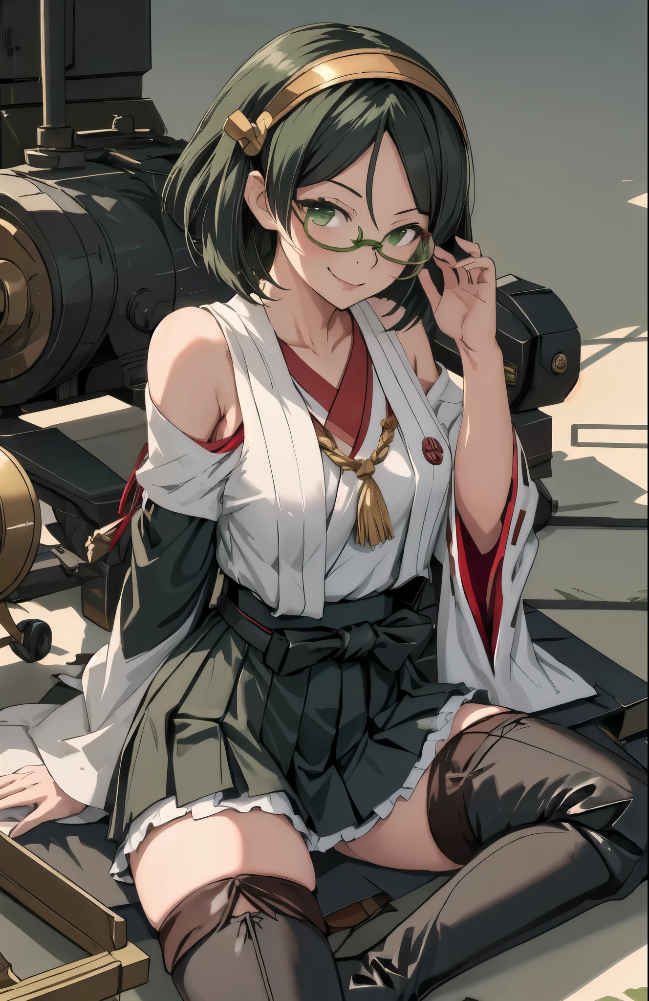 highest quality, masterpiece, High resolution, alone, {Kirishima_Fleet Collection:1.15}, short_hair, Glasses, black_hair, hairband, Non-traditional_Miko, Green Frame_Glasses, headgear, smile, chest, One girl, just_shoulder, green_eye, independent_sleeve, Japanese_Clothes, skirt, thigh_boots, thighhighs, boots, cannon, pantyhose, turret, adjust_Glasses