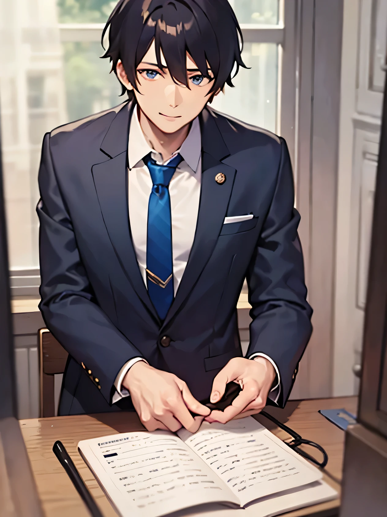 masterpiece、highest quality、(A 29-year-old man:1.5) and (Black short hair) and (blue eyes), (Wearing a suit:1.5) and (White collared shirt) and (Blue tie)、smile、gesture