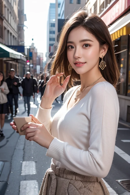 (Realistic、High resolution:1.3),(fashion:1.4),8k,(RAW Photos, highest quality),Very detailed, masterpiece, mysterious,Very beautiful face,Very beautiful body,Gentle expression, Very beautiful eyes,(Perfect Makeup:1.1), Middle Shaggy Hair,Ash Brown Hair, Smart Abs,1 person,Charm, 20-year-old, ,Perfect makeup,Cashmere Sweater,Argyle Check Long Skirt,Sports high sneakers, A kind smile,Upper body portrait,(Street background:1.3), (Shiny skin), (Many colors:1.4) ,(Earrings),necklace,bracelet,Wellington style glasses,
