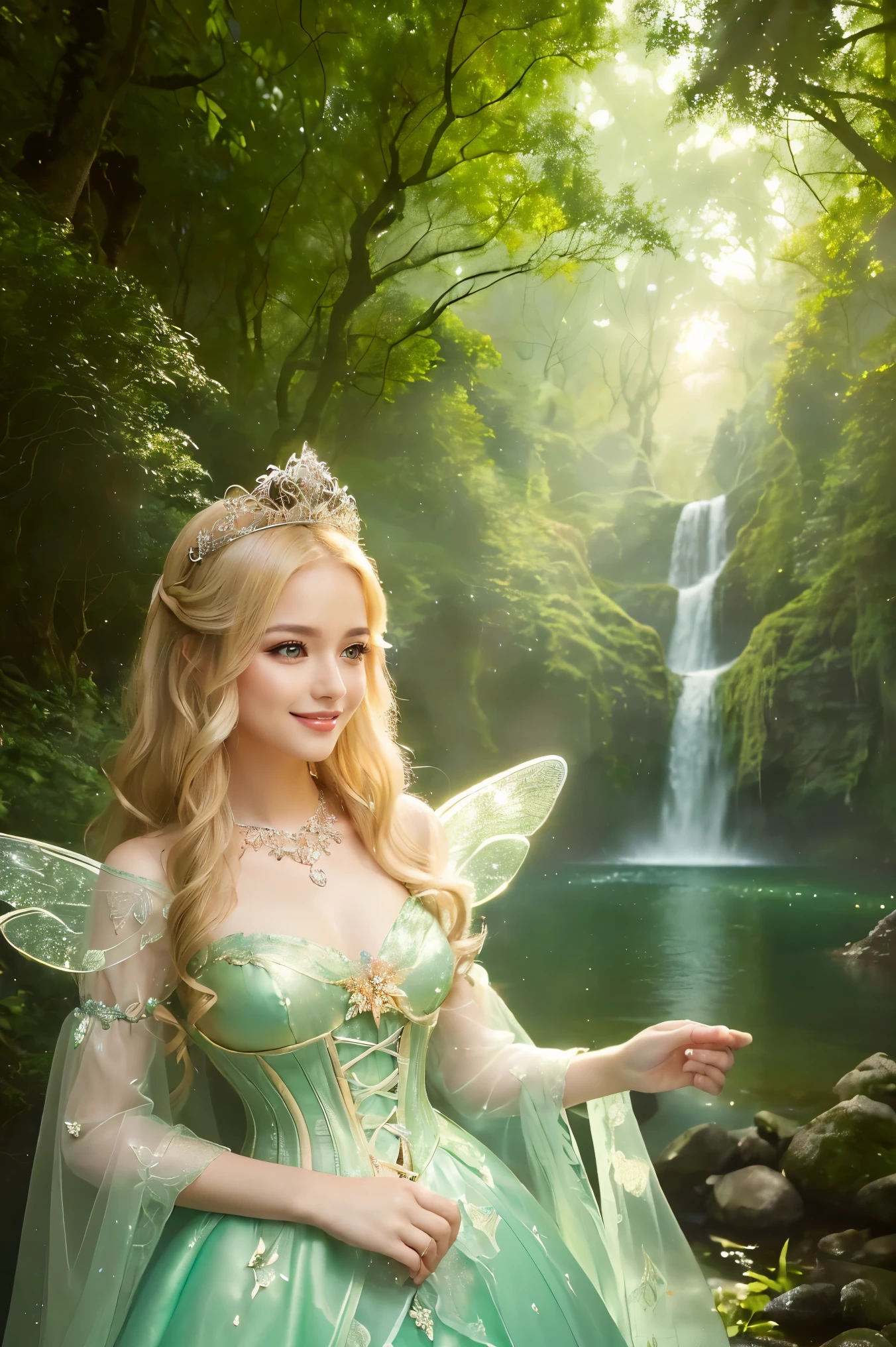 ((Tabletop、highest quality、8k、Extremely detailed and intricately detailed、The most complex and detailed textures、Ultra high definition、Bright and gentle lighting、The mildest texture、The smoothest texture))、(Beautiful waterfall in the background:1.3)、(Very delicate and shining tiny wings:1.2)、(A photo of the upper body of a standing princess:1.1)、(Sacred fairytale forest:1.2)、(Fairy wings with a very intricate pattern:1.2)、(The most luxurious and divinely shining Fairytale Light green princess dress:1.2)、((The most beautiful fairy tale forest prince and fairy tale princess、High saturation、Lovely little fairy wings that sparkle、Fairy-tale-like brilliance、The finest dresses with intricate embellishments.、Shining transparent fairy tale wing untouchable, Fairytale Light、The background is a complex and sacred forest、Mysterious tree、優しいFairytale Light、Fairytale Sparkle、Fairytale atmosphere、Fantasy、The most intricate and sacred dress、The most beautiful fairy princess in the world、Faithfully reproducing the sacred atmosphere, Perfection in every detail、The most complex and detailed forest、The most sacred and luxurious princess dress、 Calm and light-filled、Gorgeous tiara and necklace、A forest filled with sacred light、Fantasy、Overgrown trees々々、A forest surrounded by sacred light、Very calm and bright、Half are Japan、Half Russian、blue eyes、Blonde、The best smile when you see me、Beautiful wavy hair、The most gorgeous and elaborate dresses、The most beautiful smile looks at me、Slime-ified、Breasts so big that they almost burst、Very thin divine corset))