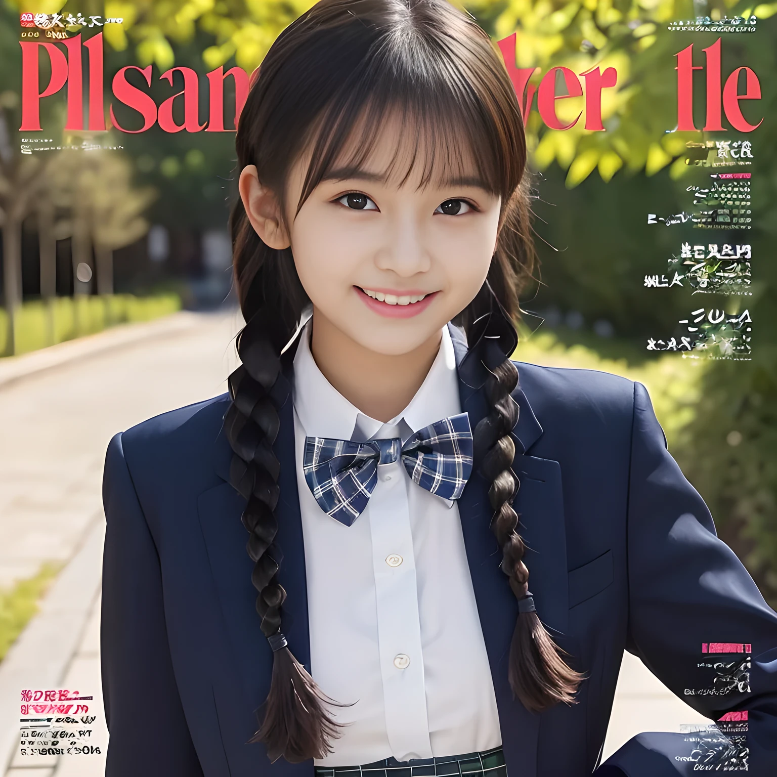 (highest quality、masterpiece:1.2)、highest quality、Realistic、photograph、High resolution、1080p、8K、Physical Rendering、((Height: 158cm)), one Japanese girl、((Translucent white skin)), ((((((16 year old beautiful Japanese magazine fashion model looking at the viewer)))))), , (((big very detailed beautiful dark brown eyes))), ((((laughing at me!)))), detailed fingers, (((curled blunt bangs))), ((Very large and cute eyes, carefully drawn with great attention to detail)), ((double eyelids)), (((long eyelashes))), ((cute lovely lovely laughing laughing cheeks)), ((The pure white light hits my nose and cheeks.、Her eyes and white facial skin shine beautifully white.)), ((The skirt is very cute)), (((((Her facial features are very expressive lovely smile, very sweet, very very intelligent.))))), (((Shooting from the side))), ((((impressive plain navy large school ribbon bow tie in plain)))), ((((black very beautiful and very very long braids)))), (((((blue and navy colored tartan checkered formal long pleated pleated skirt))))), (((A formal dark blue blazer in solid that is slightly oversized and with a golden emblem)))