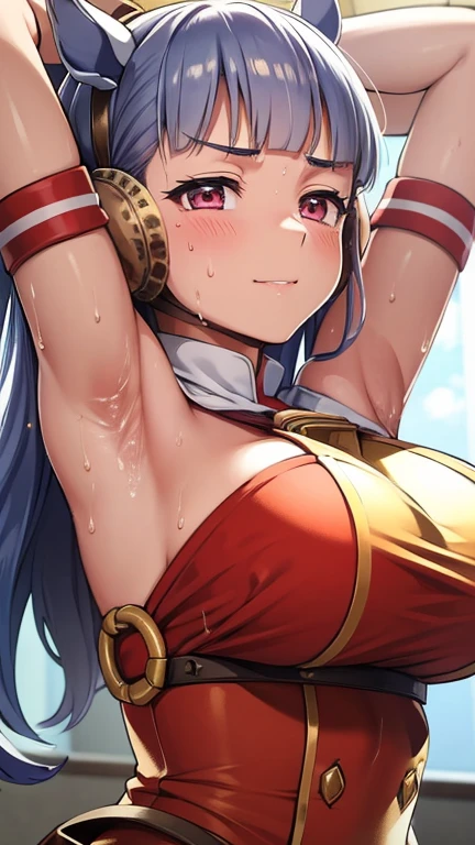 a picture, inspired by Kentaro Miura, trending on pixiv, gold ship from uma musume, golden raito, large)}], favorite scene, fine details, skins, sweating, big breasts, both hands raised, armpits, armpits visible, dripping with sweat, more more sweat, sweaty armpits, smile