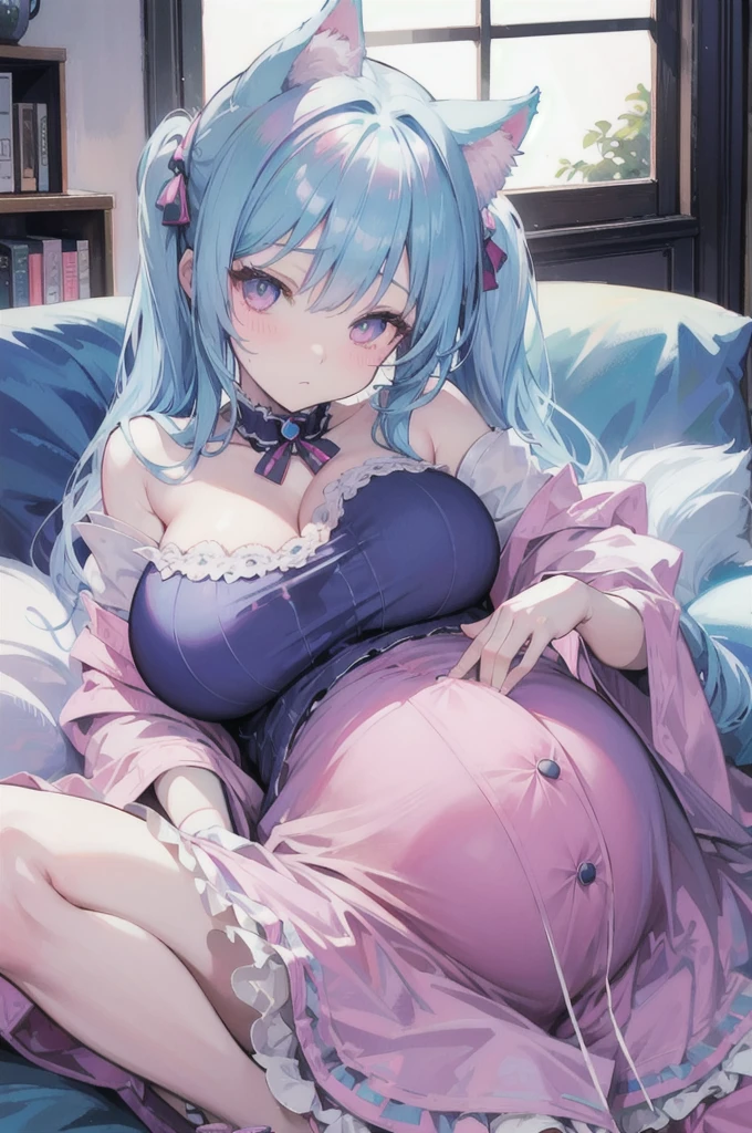 light blue hair，Cat ears，Pink Eyes，Light blue lolita，In the room，Sitting on the sofa,(Pregnant，Huge breasts：1.8)