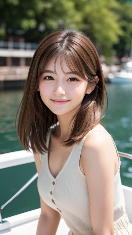 Brown Hair,Medium Hair,20-year-old female, Small nose, With the correct face, Cute natural smile, Japanese facial features, A clean and cute face, Cute realistic portrait, Asian Face, 8K Photo, Soft Makeup,Natural skin texture,Raw photo,highest quality,Full Body Shot,on a boat