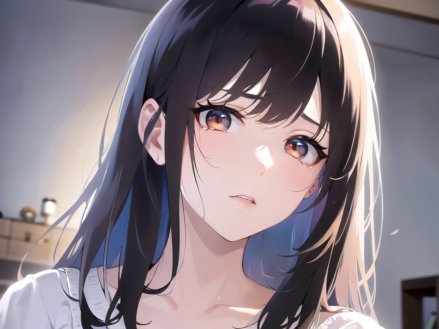 Biologically correct five fingers、cinematic angle, Upper Body, Realistic, real person, (pale skin: 1.2), RAW photo, photorealistic, portrait photography, shiny skin, shiny hair、(A 25-year-old woman with medium-length hair and bangs) and (wavy hair) and (brown hair) and (orange eyes) , (white:1.5) and (Off-the-shoulder blouse)、(sad:1.3), tears, open mouth, , The background is the living room at night、dark、Alone、Are standing