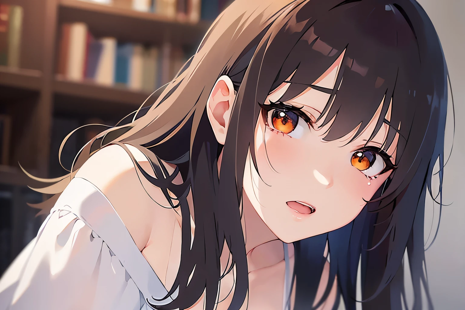 Biologically correct five fingers、cinematic angle, Upper Body, Realistic, real person, (pale skin: 1.2), RAW photo, photorealistic, portrait photography, shiny skin, shiny hair、(A 25-year-old woman with medium-length hair and bangs) and (wavy hair) and (brown hair) and (orange eyes) , (white:1.5) and (Off-the-shoulder blouse)、(sad:1.3), tears, open mouth, , The background is the living room at night、dark、Alone、Are standing