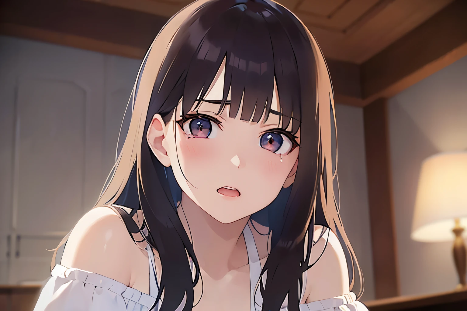 Biologically correct five fingers、cinematic angle, Upper Body, Realistic, real person, (pale skin: 1.2), RAW photo, photorealistic, portrait photography, shiny skin, shiny hair、(A 25-year-old woman with medium-length hair and bangs) and (wavy hair) and (brown hair) and (orange eyes) , (white:1.5) and (Off-the-shoulder blouse)、(sad:1.3), tears, open mouth, , The background is the living room at night、dark、Alone、Are standing