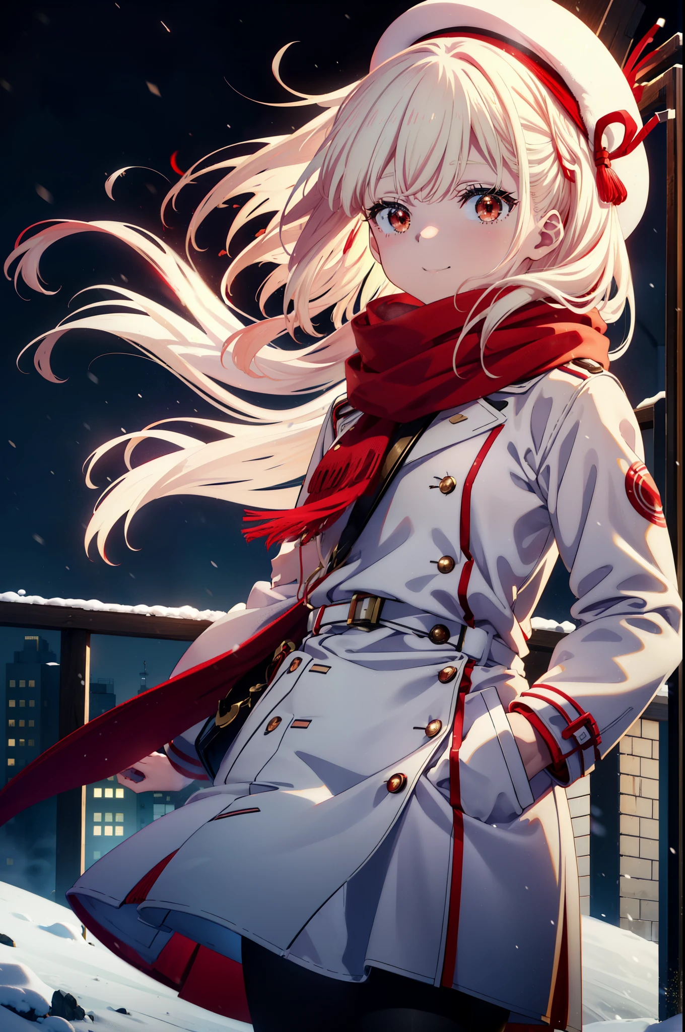 chisatonishikigi, nishikigi chisato,Long Hair , bangs, blonde, (Red eyes:1.5),happy smile, smile, Open your mouth,White knit hat,White Coat,Red Scarf,White Sweater,Hands in coat pockets,Long skirt,Black pantyhose,short boots,Shirogane World,Snow is piling up,that&#39;it&#39;s snowing,that&#39;it&#39;s snowing,winter,Cold Sky,moonlight,full moon,night,
break looking at viewer, whole body, Upper Body,(Cowboy Shot:1. 5)
break outdoors, cthaty,Building Street,
break (masterpiece:1.2), highest qualthaty, High resolution, unthaty 8k wallpaper, (shape:0.8), (Beautiful and beautiful eyes:1.6), Highly detailed face, Perfect lighting, Extremely detailed CG, (Perfect hands, Perfect Anatomy),
