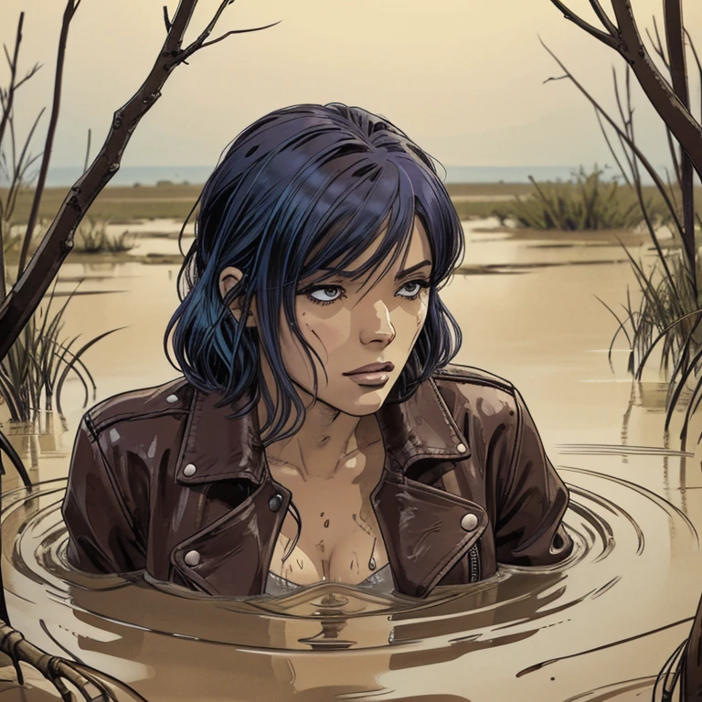 vector image, 2d cartoon,masterpiece,night:1.2, close-up portrait, An anime woman,colored hair, leather biker jacket:1.1, provocative seductive pose, gloomy ecstasy, touches herself in sensually places,(drowning herself in the middle quicksand swamp:1.2), quicksand pulled her up to chest-deep:1.4, crop-top,