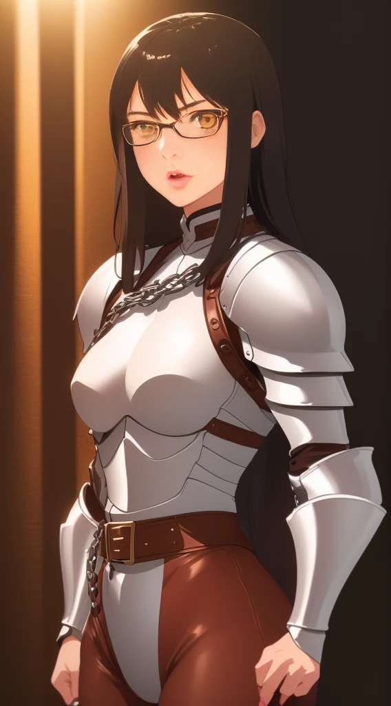 (1girl, Alone, alone), (WakatsukiRisa, Dolkness, black hair, short hair, Black eyes, red glasses), ((Alone, (1woman, pink lipstick, black eyes), extremely detailed, Soft ambient lighting, 4K, perfect eyes, a perfect face, Perfect Lighting, the 1 girl)), ((fitness, , shapely body, athletic body,toned body)) , ((woman knight, steel armor,metal armor, medieval armor, chain mail, woman knight, full armor, sunrise, mountain, castle, amazon, templar, woman warrior, brown leather belts))