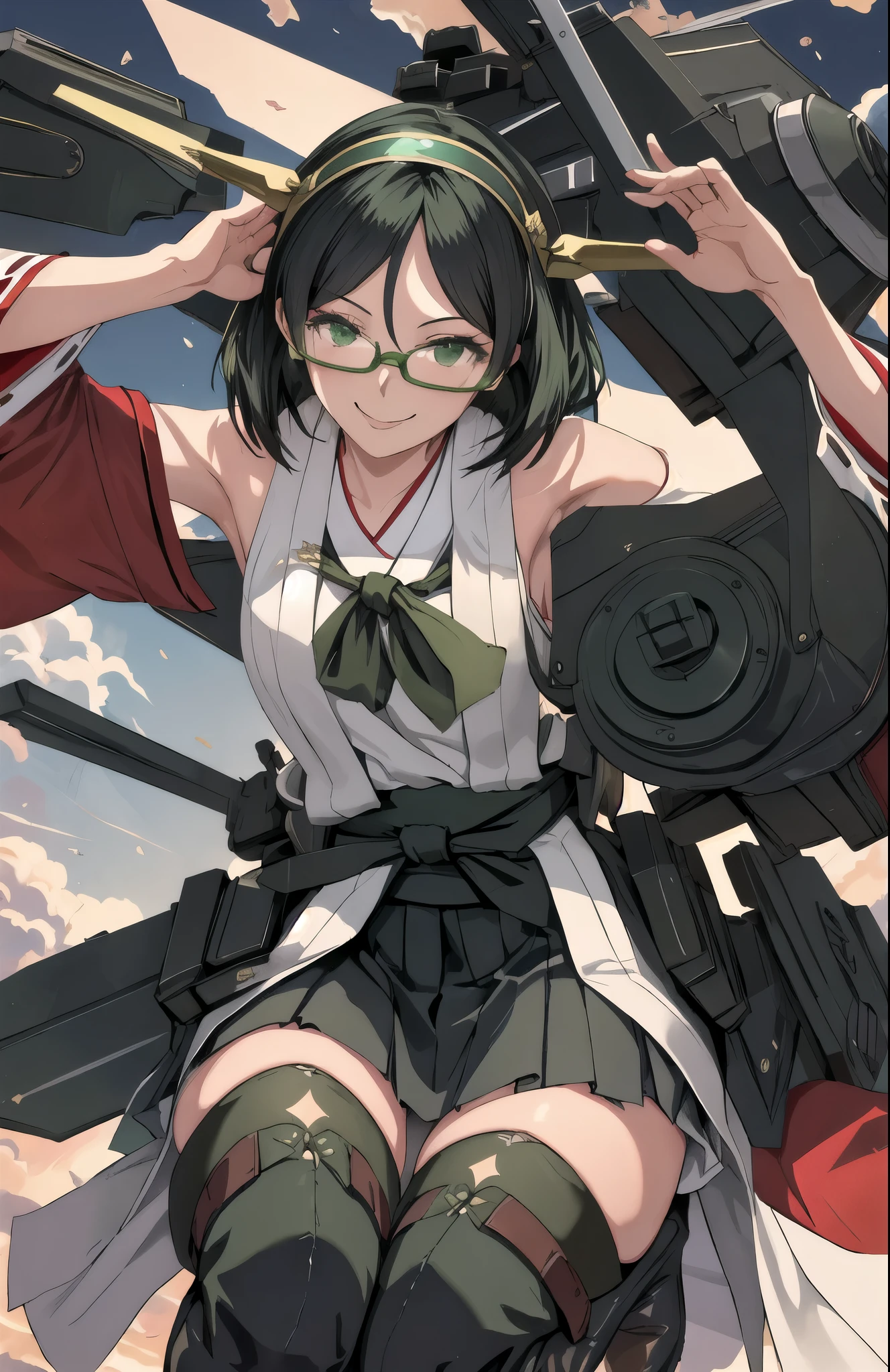 highest quality, masterpiece, High resolution, alone, {Kirishima_Fleet Collection:1.15}, short_hair, Glasses, black_hair, hairband, Non-traditional_Miko, Green Frame_Glasses, headgear, smile, One girl, just_shoulder, green_eye, independent_sleeve, Japanese_Clothes, skirt, thigh_boots, thighhighs, boots, cannon, pantyhose, turret, adjust_Glasses