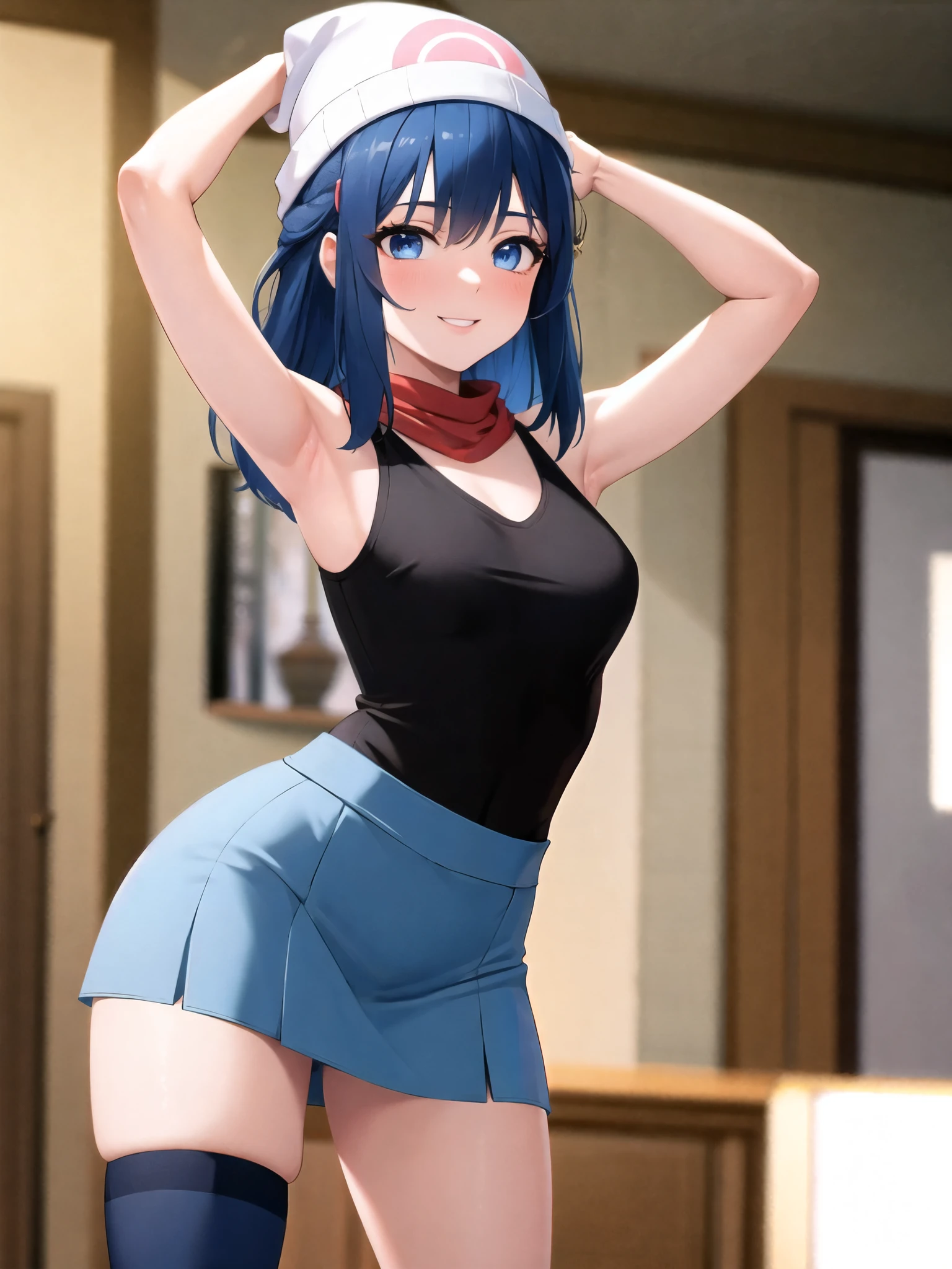 Armpit Show,sakimichan, masterpiece, highest quality, Perfect Anatomy, Perfect hands, indoor, 8k, 4K, Photorealism, Highly Detailed UHD Wallpapers, Real skin texture, Visible pores, Super detailed, Official Art, Dynamic pose, hyperfocus, 100mm lens, dawn of five fingers\(Pokemon\), One girl, Medium chest, alone, Black Shirt, Long Hair, smile, Beanie, View your viewers, hair ornaments, Put your arms behind your back, blush, Hair Clip, clavicle, Blue Hair, blue eyes, mini skirt,Red scarf ,Knee socks, 