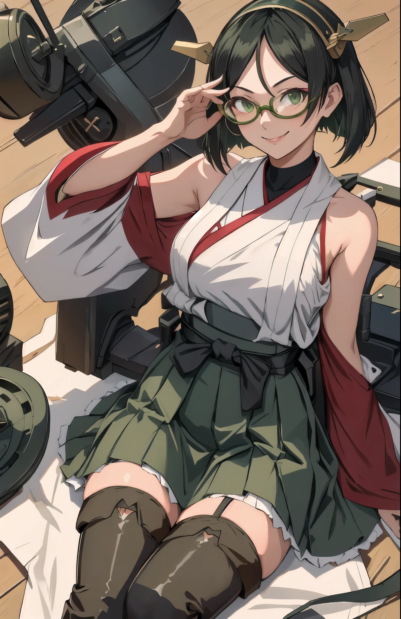 highest quality, masterpiece, High resolution, alone, {Kirishima_Fleet Collection:1.15}, short_hair, Glasses, black_hair, hairband, Non-traditional_Miko, Green Frame_Glasses, headgear, smile, One girl, just_shoulder, green_eye, independent_sleeve, Japanese_Clothes, skirt, thigh_boots, thighhighs, boots, cannon, pantyhose, turret, adjust_Glasses