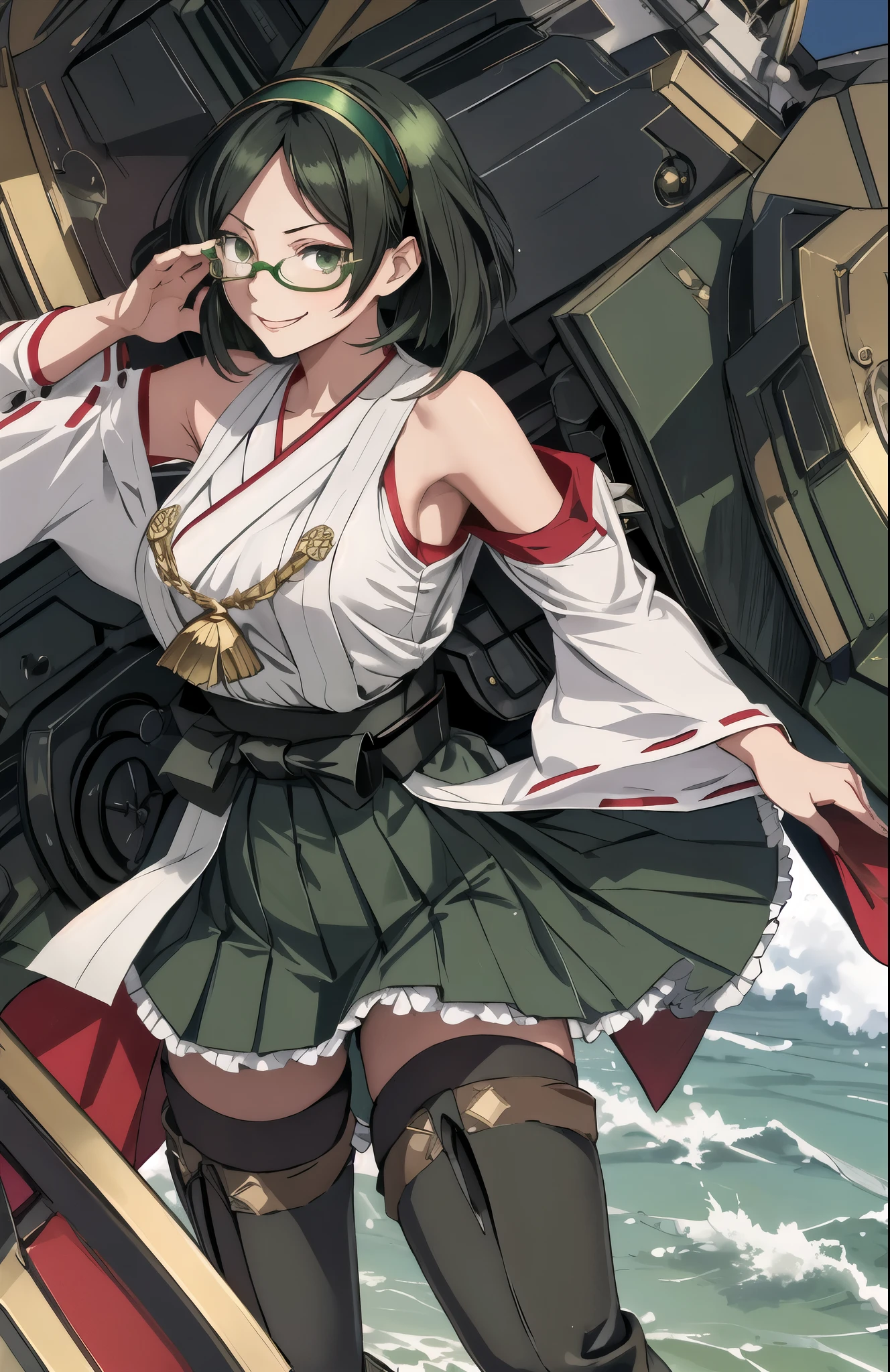 highest quality, masterpiece, High resolution, alone, {Kirishima_Fleet Collection:1.15}, short_hair, Glasses, black_hair, hairband, Non-traditional_Miko, Green Frame_Glasses, headgear, smile, One girl, just_shoulder, green_eye, independent_sleeve, Japanese_Clothes, skirt, thigh_boots, thighhighs, boots, cannon, pantyhose, turret, adjust_Glasses