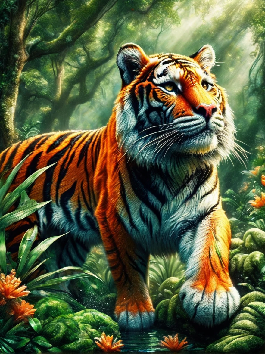 A detailed picture of a majestic tiger. The tiger is prowling through a lush, verdant forest, every muscle in its body taut with anticipation as it stalks its prey. The tiger's coat is a vibrant orange, with crisp black stripes running down its backbone and tail. A white underbelly fluffs up as the tiger maneuvers through the underbrush. Its eyes are strikingly green, aglow with an ongoing hunt. The image captures the intensity and breathtaking beauty of this magnificent creature in its natural habitat.