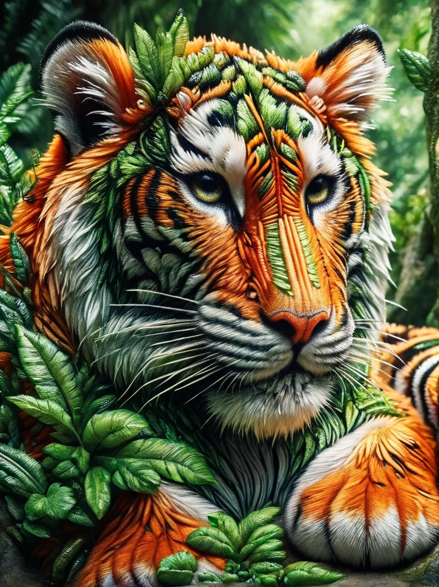 A detailed picture of a majestic tiger. The tiger is prowling through a lush, verdant forest, every muscle in its body taut with anticipation as it stalks its prey. The tiger's coat is a vibrant orange, with crisp black stripes running down its backbone and tail. A white underbelly fluffs up as the tiger maneuvers through the underbrush. Its eyes are strikingly green, aglow with an ongoing hunt. The image captures the intensity and breathtaking beauty of this magnificent creature in its natural habitat.