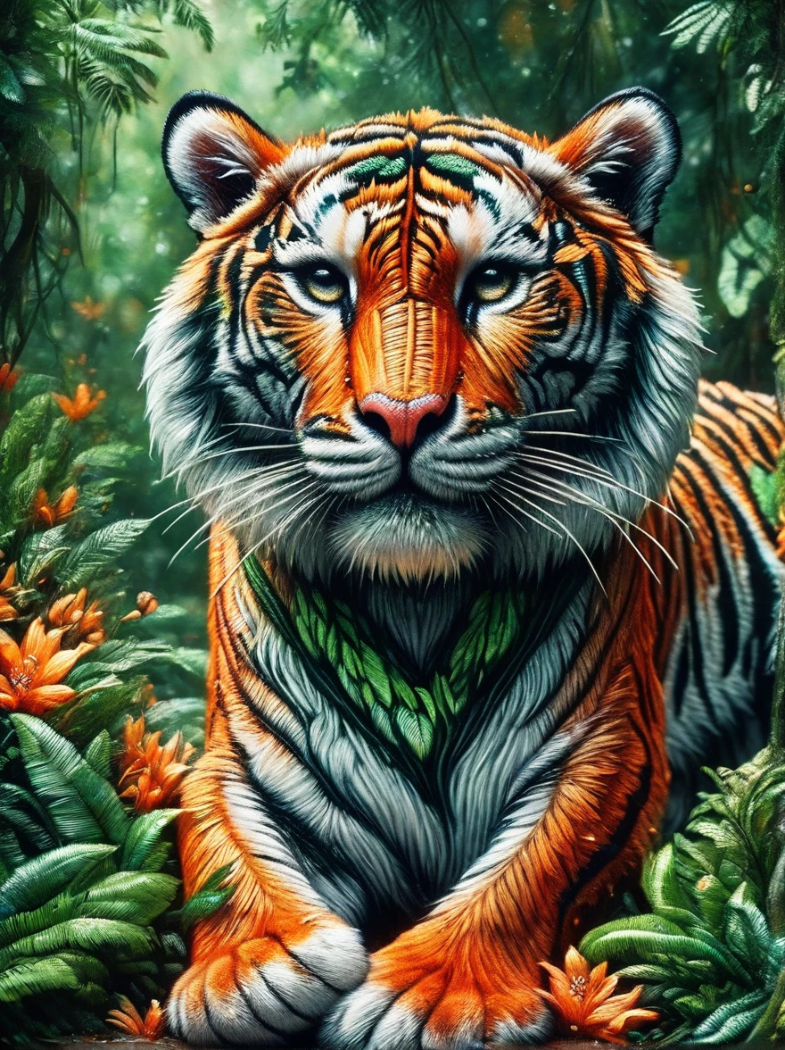 A detailed picture of a majestic tiger. The tiger is prowling through a lush, verdant forest, every muscle in its body taut with anticipation as it stalks its prey. The tiger's coat is a vibrant orange, with crisp black stripes running down its backbone and tail. A white underbelly fluffs up as the tiger maneuvers through the underbrush. Its eyes are strikingly green, aglow with an ongoing hunt. The image captures the intensity and breathtaking beauty of this magnificent creature in its natural habitat.