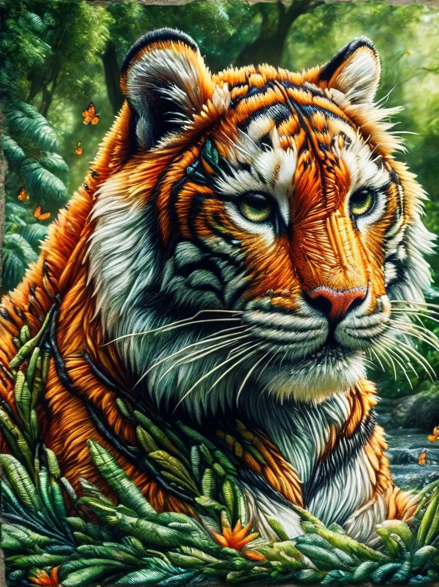 A detailed picture of a majestic tiger. The tiger is prowling through a lush, verdant forest, every muscle in its body taut with anticipation as it stalks its prey. The tiger's coat is a vibrant orange, with crisp black stripes running down its backbone and tail. A white underbelly fluffs up as the tiger maneuvers through the underbrush. Its eyes are strikingly green, aglow with an ongoing hunt. The image captures the intensity and breathtaking beauty of this magnificent creature in its natural habitat.