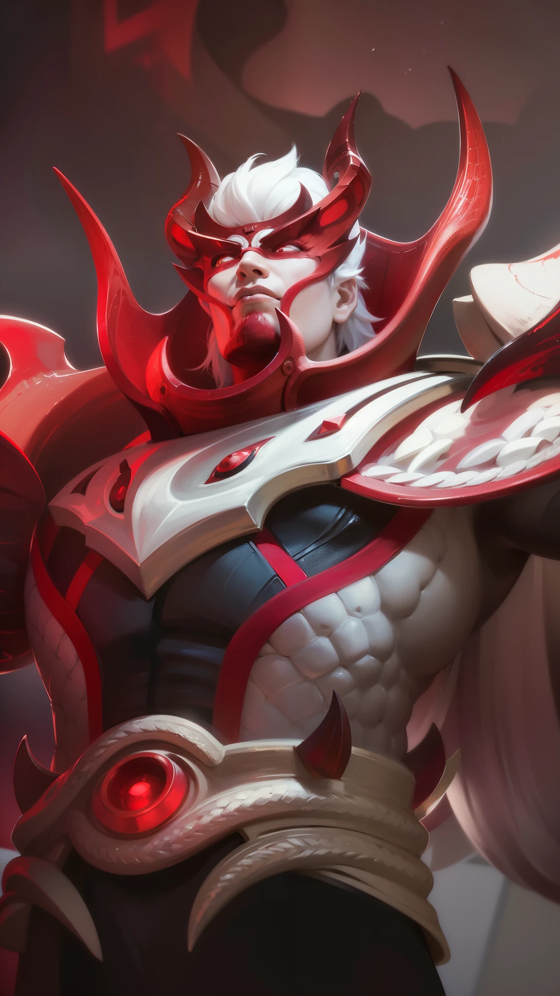 a close up of a man with a red and white costume on, onmyoji portrait, dota 2 concept art, painted portrait of mordekaiser, onmyoji detailed art, inspired by Huang Shen, dota character, dota 2 hero, hero from dota 2, onmyoji, 8k hd wallpaperjpeg artifact, 8 k hd wallpaperjpeg artifact, Best quality, masterpiece, detailed skin texture, detailed clothes texture, detailed face, super detail, 8k, intricate detail, 1 boy, The color doesn't change, Muscle guy, 1 guy, red eyes