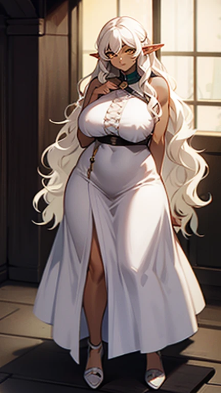 (((An elf milf woman alone))),(((Dark Skin))),(((yellow eyes))),(((wavy white hair))),((curvy body)), (((nice dress)))