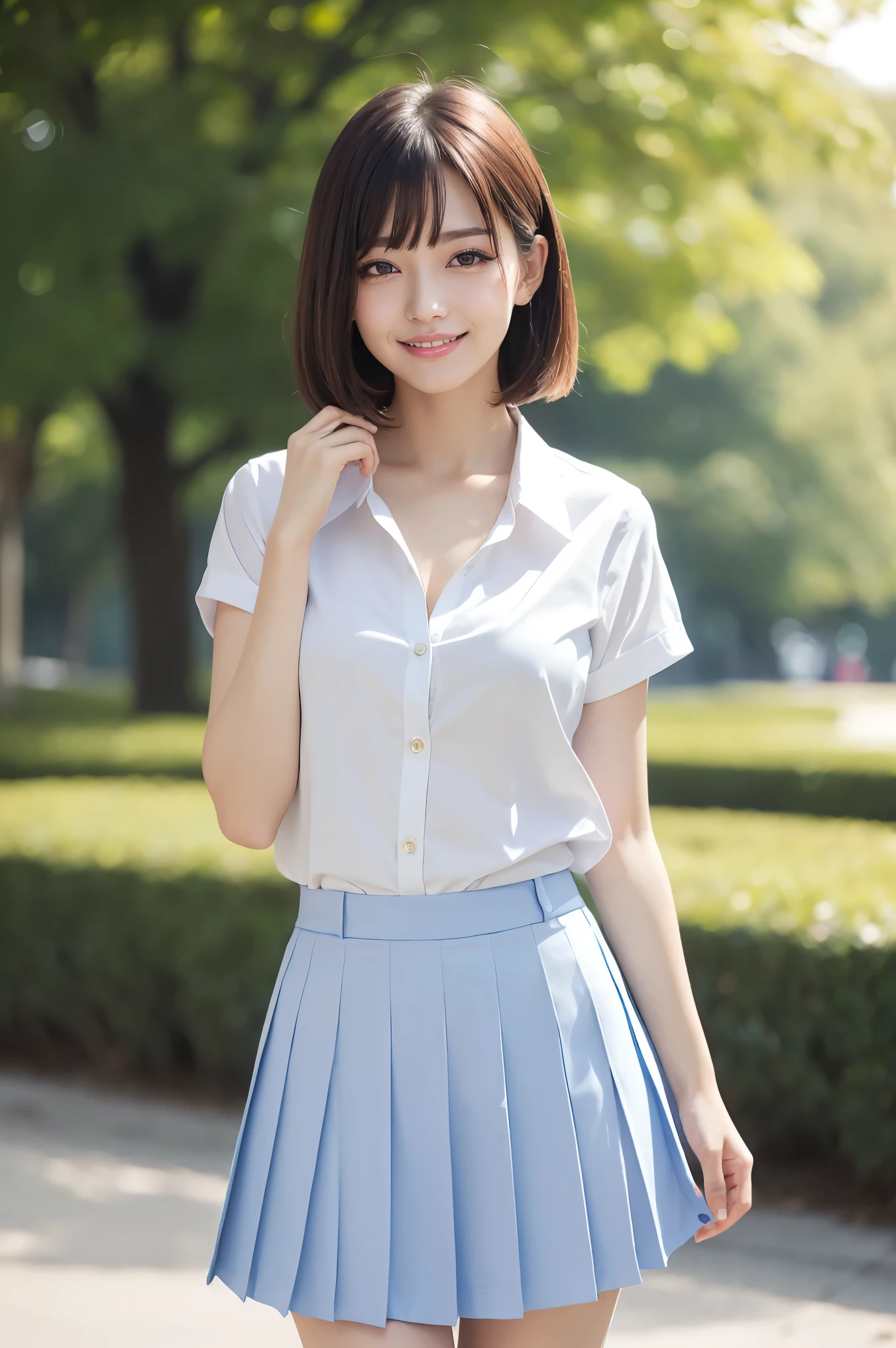 (highest quality、Tabletop、8k、Best image quality、Award-winning works)、Cute school girl、alone、Perfect beautiful composition、(A uniform shirt with a completely open chest:1.5)、(An open shirt that completely exposes the chest:1.5)、(Unbutton your shirt to reveal your chest:1.5)、Navy Pleated Skirt、(Bare are exposed:1.5)、(Very short hair:1.1)、(Bangs cut in a straight line:1.1)、Slenbody、(She looks at me with a shy smile:1.1)、(Stronglrred park background:1.1)、Natural Makeup、Ultra-high definition beauty face、Ultra HD Hair、Ultra-high definition sparkling eyes、(Pure white skin shining in ultra-high definition:1.1)、Ultra-high quality glossy lips、Accurate anatomy、Ultra HD Hair、(Very bright:1.1)
