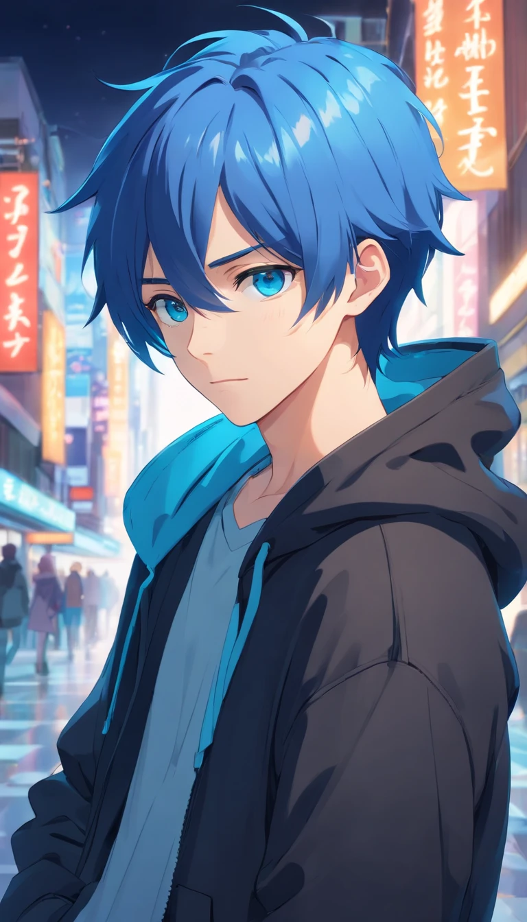 male、Blue Hair、Blue eyes、Black hoodie