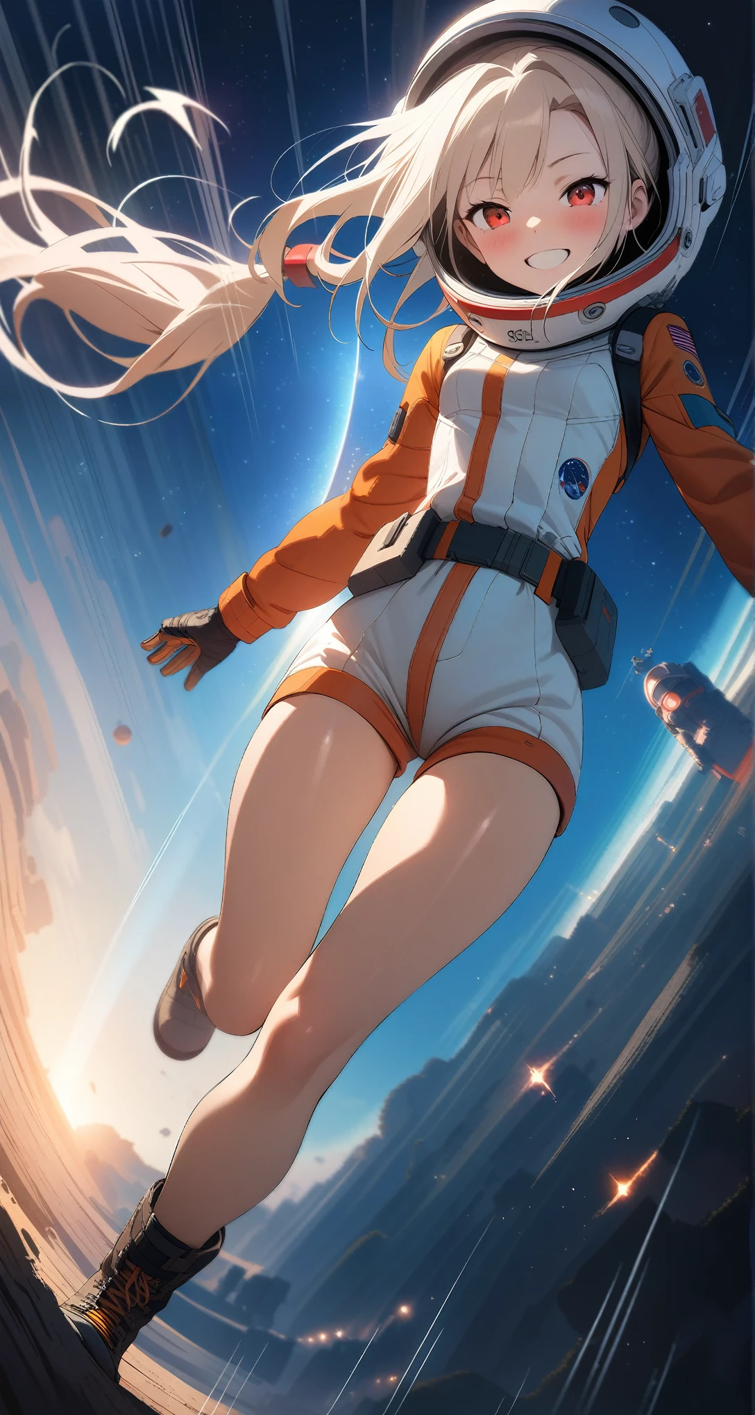 (((dynamic angle,speed line,motion lines))),
(masterpiece),(best quality),(highres),(by famous artist),(((official art))),(by Paul Hedley),(illustration),(science fiction),(Sci-fi style),(Mechanical style)
1girl,astronaut,(illyasviel von einzbern),
(small_breasts),(whole body),(slim legs),lustrous skin,shiny skin,(detailed beautiful thighs),(articulated fingers)
(space suit),(space helmet:1.5),(combat boots),(belt)
outdoor,in the universe,starry sky,clusters of stars,colorful startrails,shooting star,the Earth,full moon
((seductive smile)),blush,((standing)),
(red eyes),
(cream long hair),(ponytail:1.4),(reflective hair)
