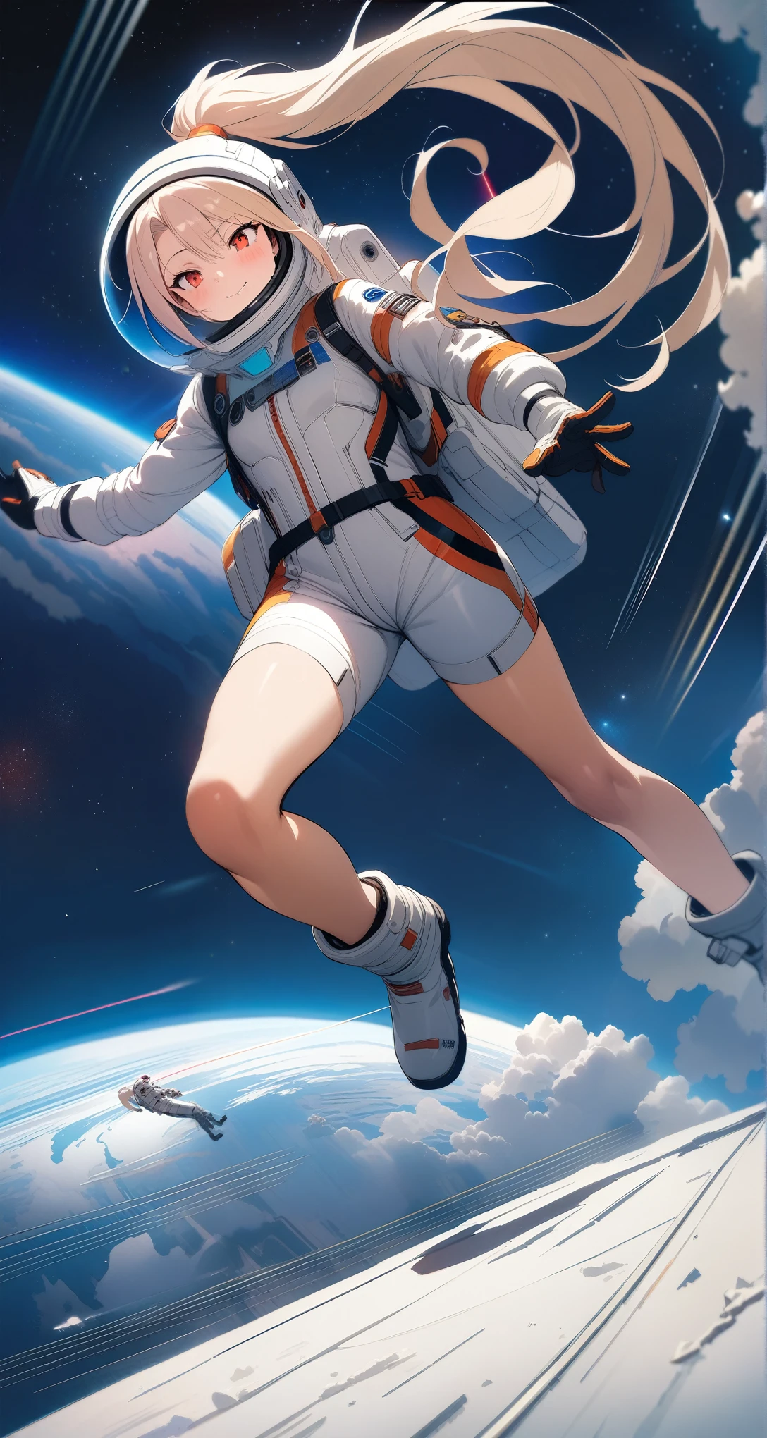 (((dynamic angle,speed line,motion lines))),
(masterpiece),(best quality),(highres),(by famous artist),(((official art))),(by Paul Hedley),(illustration),(science fiction),(Sci-fi style),(Mechanical style)
1girl,astronaut,(illyasviel von einzbern),
(small_breasts),(whole body),(slim legs),lustrous skin,shiny skin,(detailed beautiful thighs),(articulated fingers)
(space suit),(space helmet:1.5),(combat boots),(belt)
outdoor,in the universe,starry sky,clusters of stars,colorful startrails,shooting star,the Earth,full moon
((seductive smile)),blush,((standing)),
(red eyes),
(cream long hair),(ponytail:1.4),(reflective hair)