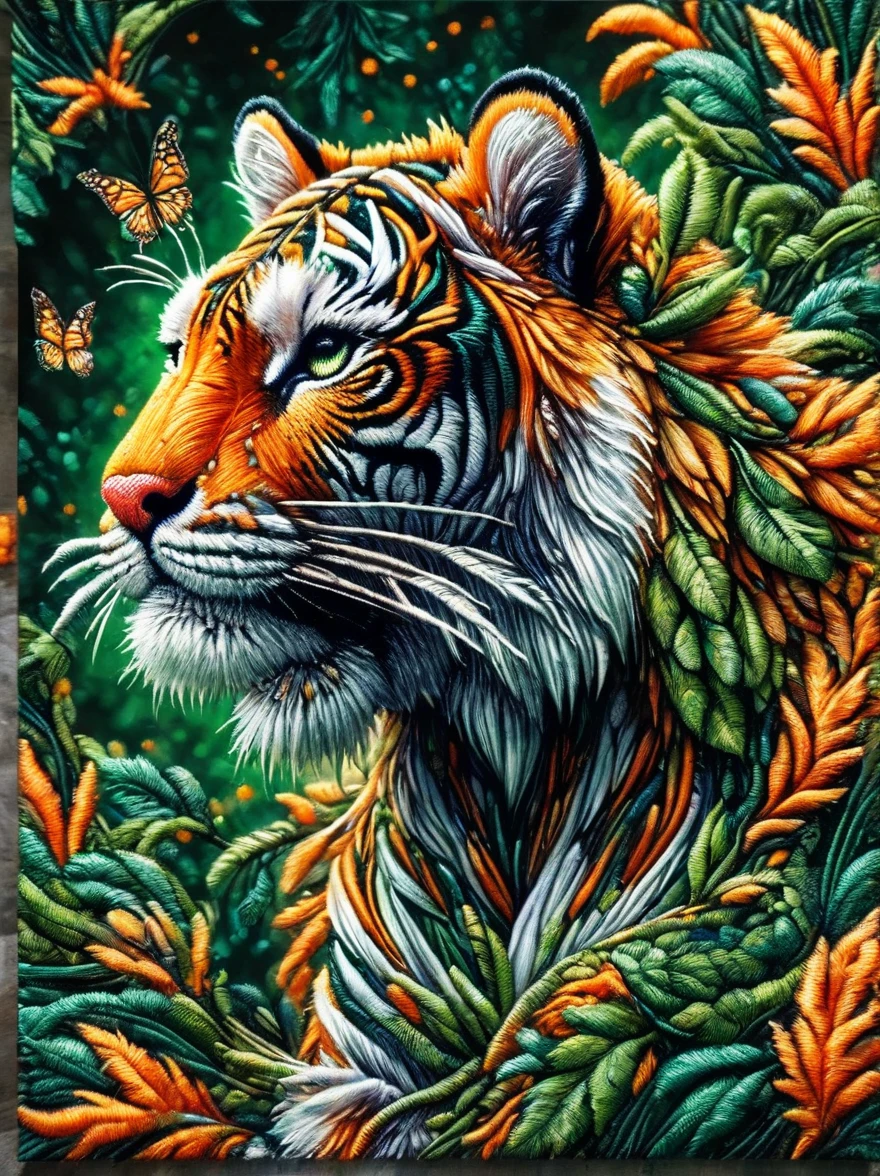A detailed picture of a majestic tiger. The tiger is prowling through a lush, verdant forest, every muscle in its body taut with anticipation as it stalks its prey. The tiger's coat is a vibrant orange, with crisp black stripes running down its backbone and tail. A white underbelly fluffs up as the tiger maneuvers through the underbrush. Its eyes are strikingly green, aglow with an ongoing hunt. The image captures the intensity and breathtaking beauty of this magnificent creature in its natural habitat.
