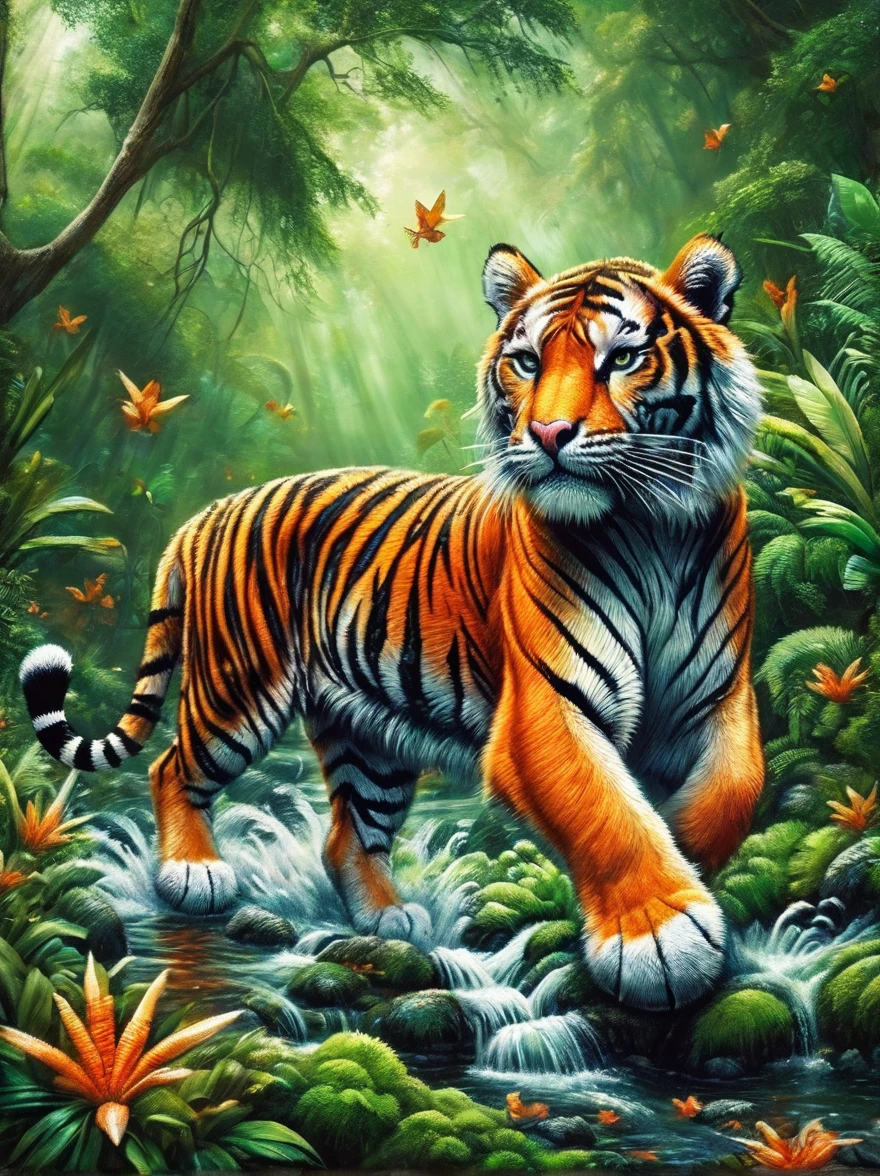 A detailed picture of a majestic tiger. The tiger is prowling through a lush, verdant forest, every muscle in its body taut with anticipation as it stalks its prey. The tiger's coat is a vibrant orange, with crisp black stripes running down its backbone and tail. A white underbelly fluffs up as the tiger maneuvers through the underbrush. Its eyes are strikingly green, aglow with an ongoing hunt. The image captures the intensity and breathtaking beauty of this magnificent creature in its natural habitat.