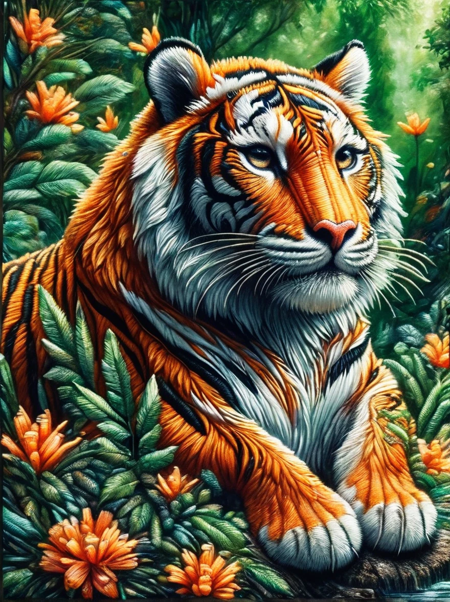 A detailed picture of a majestic tiger. The tiger is prowling through a lush, verdant forest, every muscle in its body taut with anticipation as it stalks its prey. The tiger's coat is a vibrant orange, with crisp black stripes running down its backbone and tail. A white underbelly fluffs up as the tiger maneuvers through the underbrush. Its eyes are strikingly green, aglow with an ongoing hunt. The image captures the intensity and breathtaking beauty of this magnificent creature in its natural habitat.