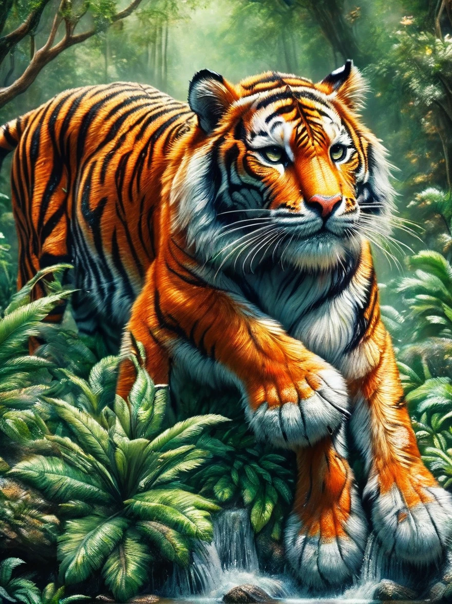 A detailed picture of a majestic tiger. The tiger is prowling through a lush, verdant forest, every muscle in its body taut with anticipation as it stalks its prey. The tiger's coat is a vibrant orange, with crisp black stripes running down its backbone and tail. A white underbelly fluffs up as the tiger maneuvers through the underbrush. Its eyes are strikingly green, aglow with an ongoing hunt. The image captures the intensity and breathtaking beauty of this magnificent creature in its natural habitat.