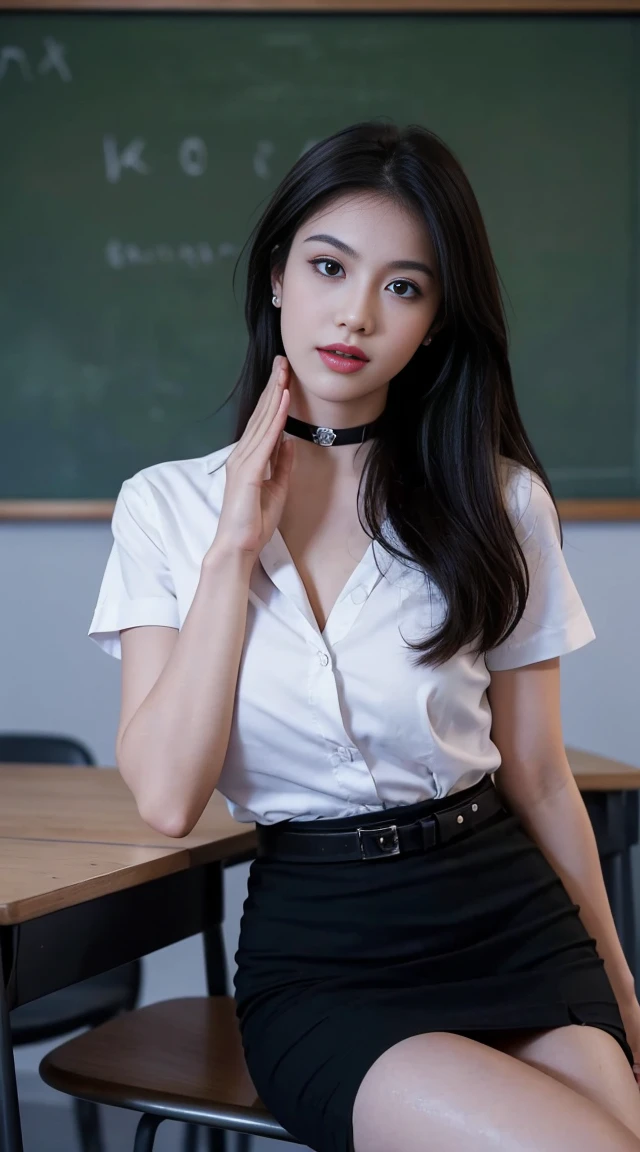 (Masterpiece, best quality, alone, รายละเอียดที่complicated, Chromatic aberration), realistic, ((Moderate breath)), hair on one eye,purple eyes, earring, sharp eyes, choker, (symmetrical eyes),(Perfect symmetrical body),Photo of a beautiful 22 year old girl, Beautiful and charming with contemporary fashion paintings as well..., looking at the audience, ((in the classroom background)), (1 Teen Girl),(black short skirt), (Fitted white short sleeve shirt, Unbuttoning reveals.), ((Short black pencil skirt with side slit)), belt, ((Put your hands down.)),copper blonde hair, bob, round chin, Art lens 85mm, Sharp focus, High resolution 8K, Crazy details, complicated, elegant,sitting on the study table Lift one leg to eye level, legs slightly apart.,big breasts,Big breasts, dynamic gesture, big breasts