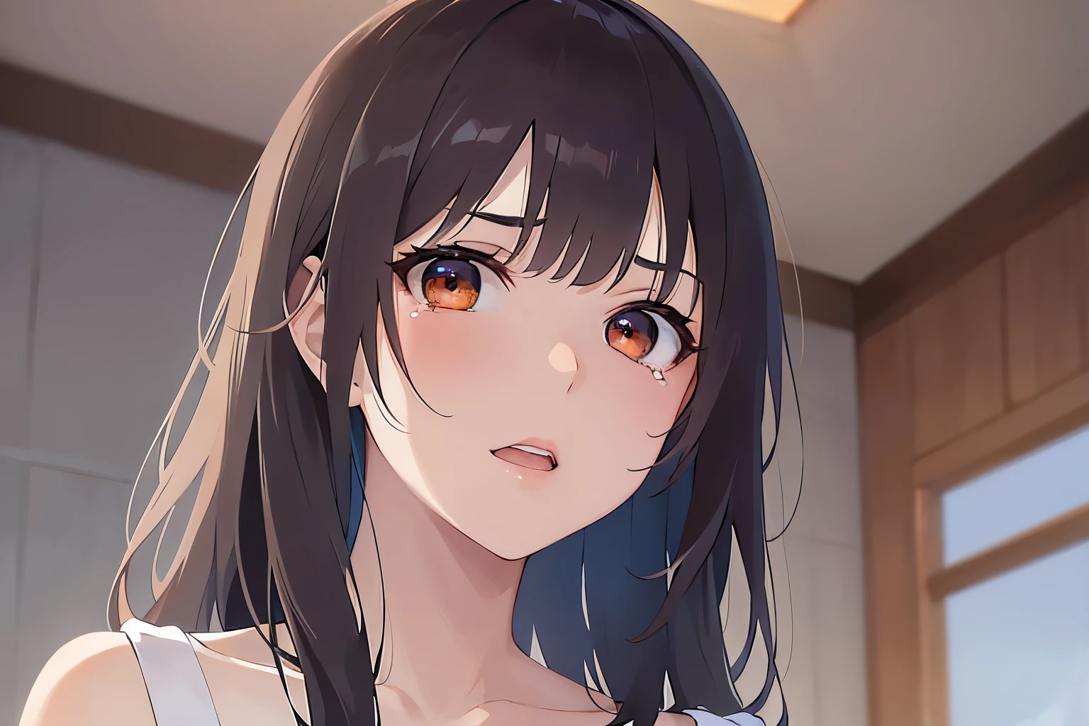 looking up, Biologically correct five fingers、cinematic angle, Upper Body, Realistic, real person, (pale skin: 1.2), RAW photo, photorealistic, portrait photography, shiny skin, shiny hair、(A 25-year-old woman with medium-length hair and bangs) and (wavy hair) and (brown hair) and (orange eyes) , (white:1.5) and (Off-the-shoulder blouse)、(sad:1.3), tears, open mouth, , The background is the living room at night、dark、Alone、Are standing