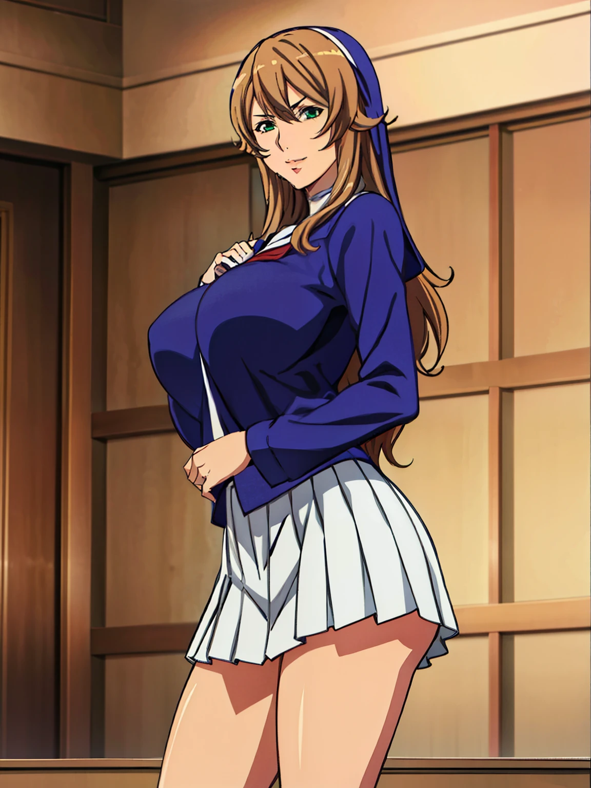 (white serafuku : 1.3), (blue pleated skirt), (school hall background), Sigui, mature woman, anime cels style, best quality, high resolution, 1girl, (huge breasts:1.2), beautiful face, Beautiful Finger, Beautiful long legs, Beautiful body, Beautiful Nose,Beautiful character design, long hair, brown hair, Bangs, green eyes, (cowboy shot), smiling, looking at viewer