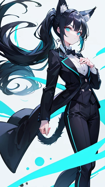 ponytail,Black Hair,Cat ear,Cyan eyes,Cat Tail,woman,anime,slender,Bunny suits tailcoat,Cool