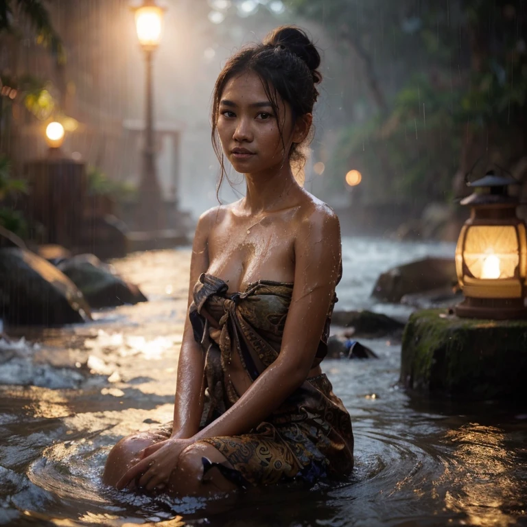 evening, drizzling rain, backlight, naturally beautiful Indonesian Javanese girl, , detailed face, moist shiny skin, slightly tangled hair tied in a bun, having bath on a river wearing only short batik faded sarong, showing her wet beauty breast, and brown nipples, satisfy expression, the atmosphere is dimly lit, there is only 1 traditional lantern, clear river flows, naturally rocky. hyper realistic photos. Photo taken with Fujifilm XF 56mm f/1.2 R Lens. 35mm, high detailed, wallpaper quality, good anatomy, body, hand & fingers (lora:add_detail:0.8)