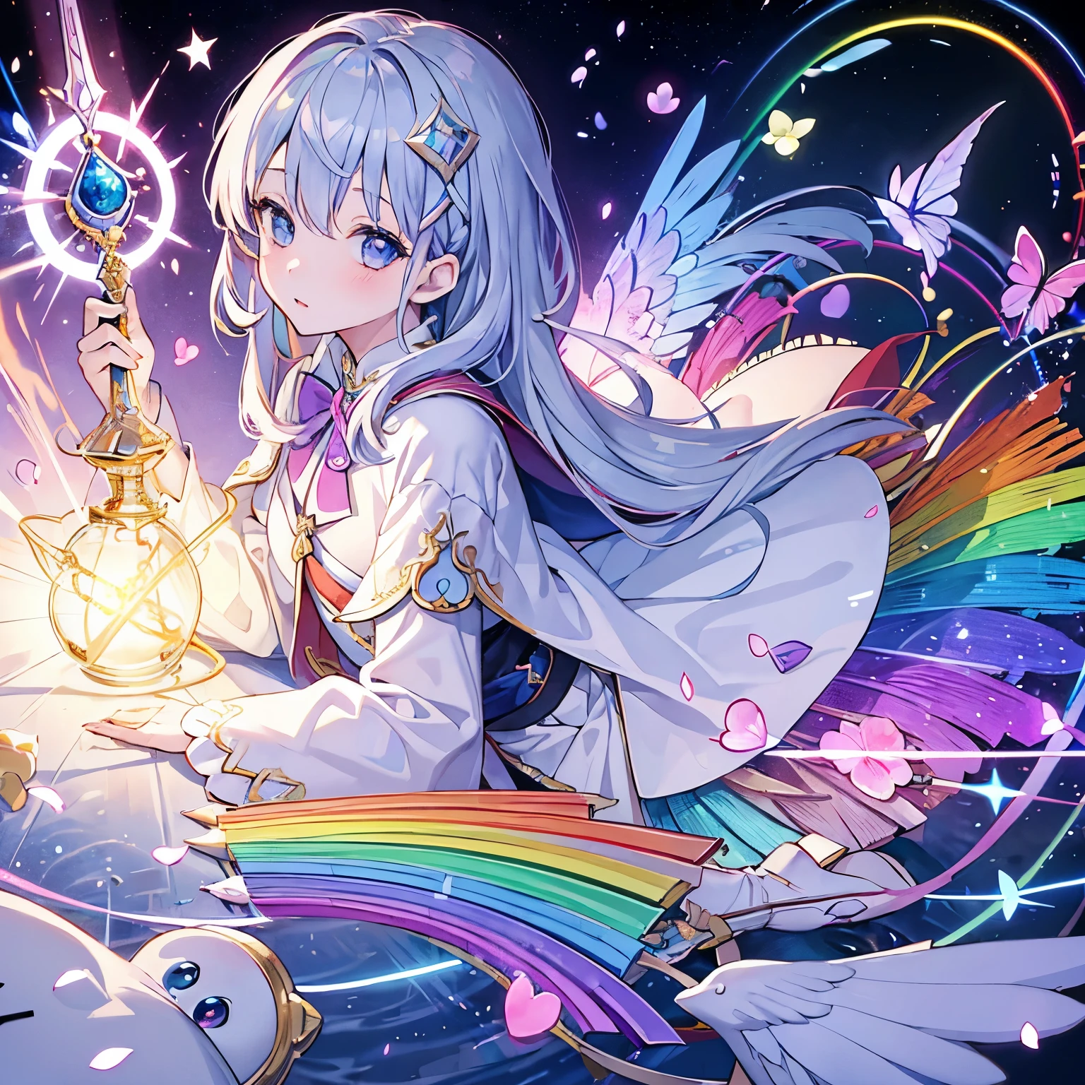 Masterpiece、girl、(((Delicate eyes)))、rainbow色の髪、Wizard、Harry potter、Luminous magic wand、rainbow