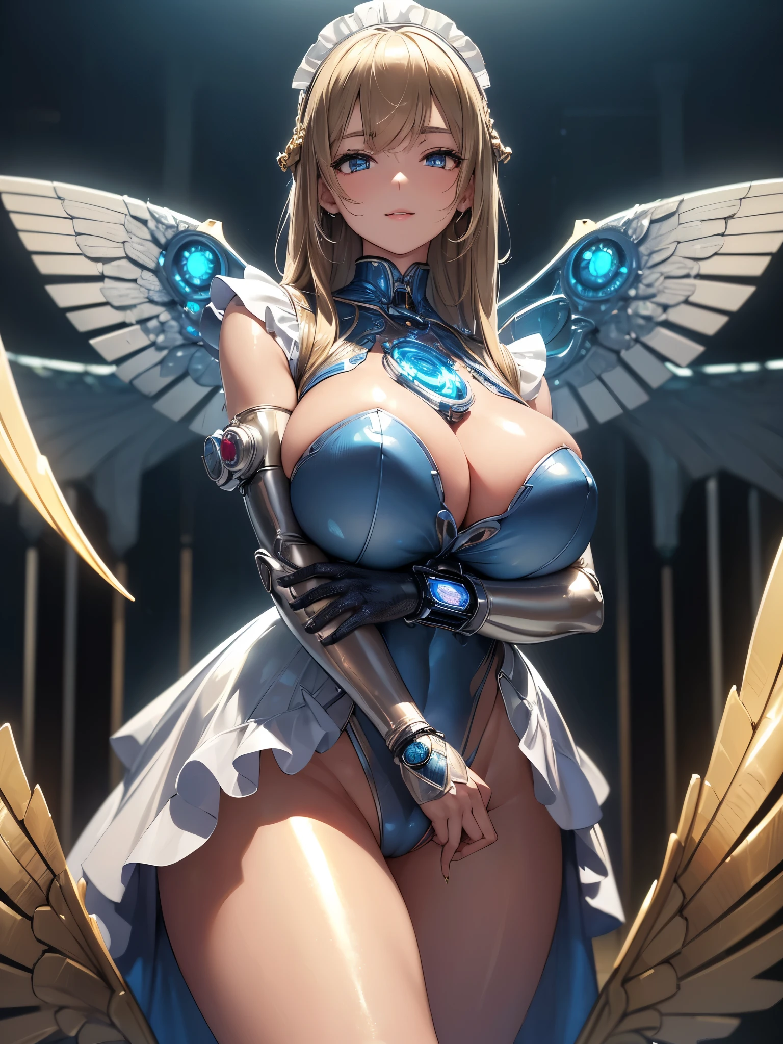 (((masterpiece))), (((best quality))), ((ultra-detailed)), (illustration), ((an extremely delicate and beautiful)), ((super detail)), ((high resolution)), (((20 years old))), metallic cloth, (maid), (android), ((mechanical wings)), delicate metal decorations, gleaming skin, shiny body, two legs, breast focus, (((tall))), slender legs, ((big round eyes)), cute eyes, drooping eyes, ((adult)), two hands, five fingers, no extra hands, elegant smile, braid, medium length hair, ((metallic blue)), (see-through), (dark blonde), (ultra-huge breasts), (((safe for watch))), outdoor, daytime, ((biopunk)),