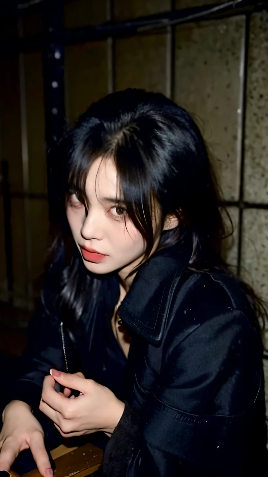 Beautiful black hair with bangs,ストレートボブカットのHomeless韓国人女性,A 21-year-old Korean woman surrounded by a pile of garbage,Very displeased look,Begging in the city,(((Homeless))),((( Bad smell,Oil,Mud stains,shit,dirty))),(((Frowning,Glaring at the camera))),Very fine eye, Flat Chest,(((Wearing a tattered black coat))),(((Tragic))),(make:1.3),Big eyes,aespakarina,Frowningを寄せた苦しい表情,hiphop dancer,Gangster-style long pants,wearing edg90hh_clothing,8k,High definition