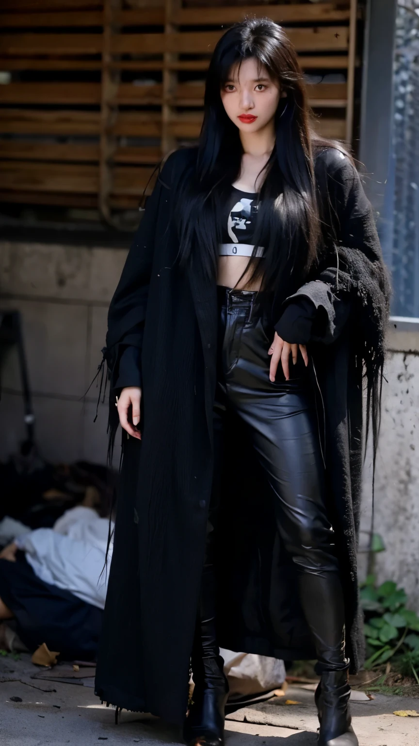 Beautiful black hair with bangs,ストレートボブカットのHomeless韓国人女性,A 21-year-old Korean woman surrounded by a pile of garbage,Very displeased look,Begging in the city,(((Homeless))),((( Bad smell,Oil,Mud stains,shit,dirty))),(((Frowning,Glaring at the camera))),Very fine eye, Flat Chest,(((Wearing a tattered black coat))),(((Tragic))),(make:1.3),Big eyes,aespakarina,Frowningを寄せた苦しい表情,hiphop dancer,Gangster-style long pants,wearing edg90hh_clothing,8k,High definition