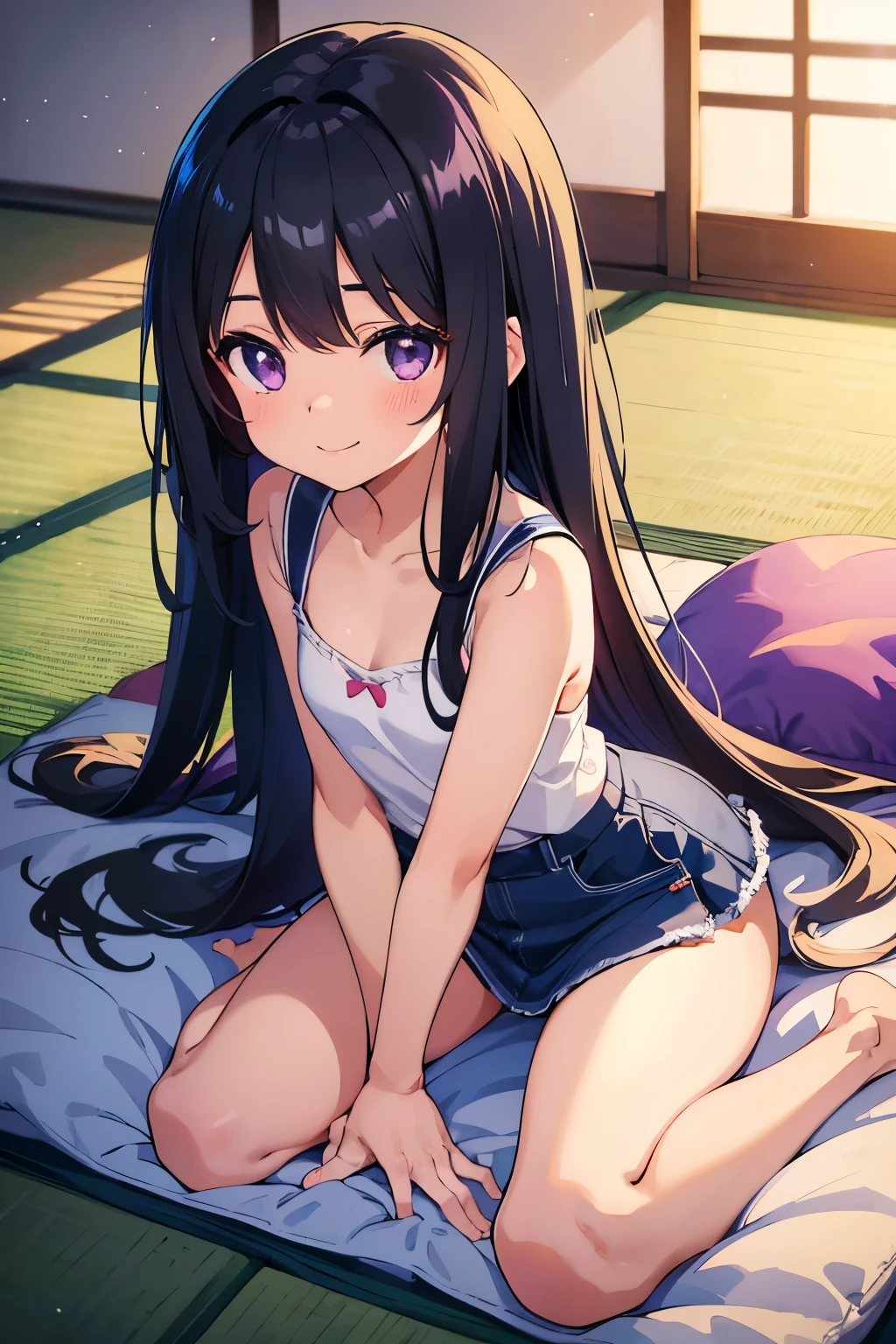 Elementary school girl ８age　Flat chest　５Head to Body　Black Hair　long hair　Purple Eyes　smile　Upper body white sleeveless　Navy blue denim mini skirt　White panties （（I can see her panties））　barefoot　On the tatami in the six-tatami room　Sitting on a large cushion　Dynamic Angle　Low - Angle