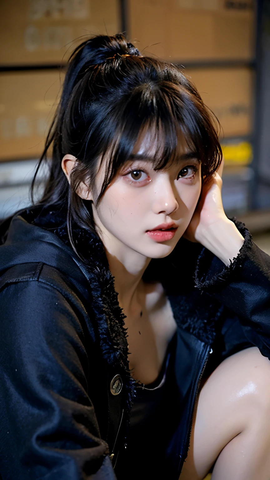 Beautiful black hair with bangs,ストレートボブカットのHomeless韓国人女性,A 21-year-old Korean woman surrounded by a pile of garbage,Very displeased look,Begging in the city,(((Homeless))),((( Bad smell,Oil,Mud stains,shit,dirty))),(((Frowning,Glaring at the camera))),Very fine eye, Flat Chest,(((Wearing a tattered black coat))),(((Tragic))),(make:1.3),Big eyes,aespakarina,Frowningを寄せた苦しい表情,hiphop dancer,Gangster-style long pants,wearing edg90hh_clothing,8k,High definition