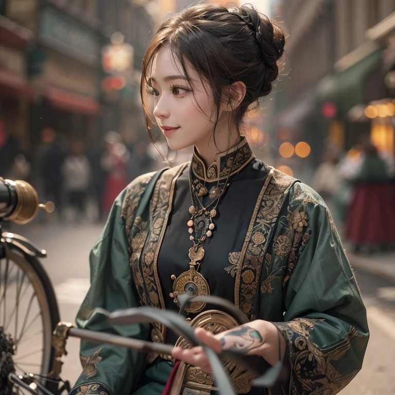 Ride an Antique Bicycle on Baker Street 、Hair flow、 ((highest quality、masterpiece、8k、Best image quality、Ultra-high resolution、Award-winning works)、(Accurate anatomy:1.1)、(Look at me and smile:1.1)、Shining fair skin with Ultra-high resolution、The most detailed face、Ultra-high resolution detailed face、Ultra-high resolutionの髪の毛、(Ultra-high resolutionの煌めく瞳:1.1)、Beautiful face drawn in every detail、(Blurred Background:1.1)、Ancient Islamic clothing, Chest to chest, tattoo,