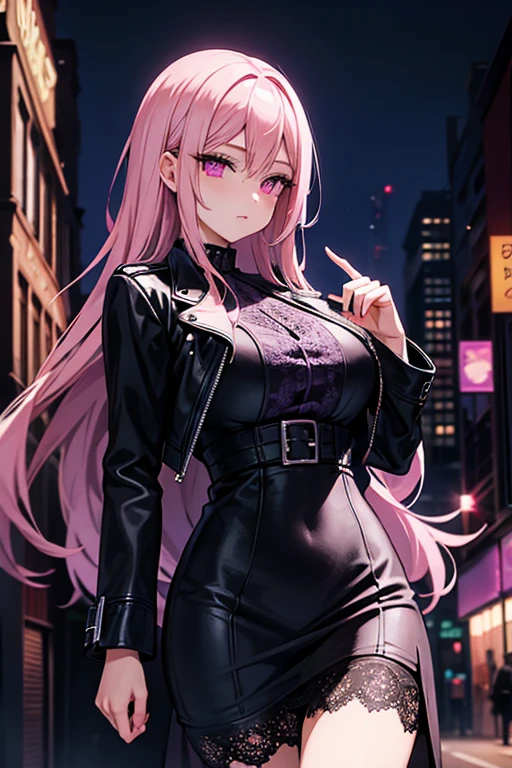 A pink haired woman with violet eyes with an hourglass figure is posing with red haired woman with red eyes in tight leather dresses on a roof top.