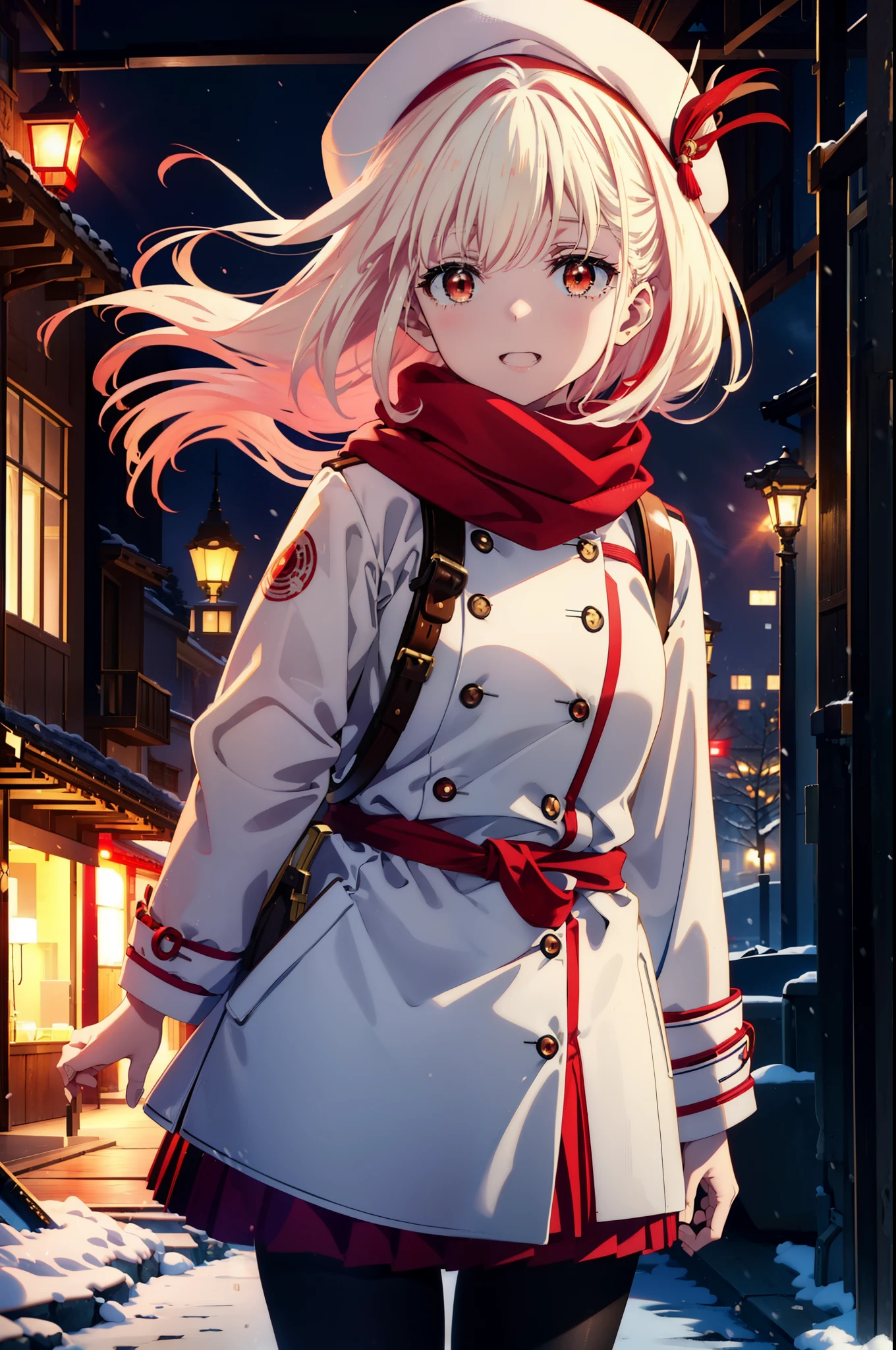 chisatonishikigi, nishikigi chisato,Long Hair , bangs, blonde, (Red eyes:1.5),happy smile, smile, Open your mouth,White knit hat,White Coat,Red Scarf,White Sweater,Hands in coat pockets,Long skirt,Black pantyhose,short boots,Shirogane World,Snow is piling up,that&#39;it&#39;s snowing,that&#39;it&#39;s snowing,winter,Cold Sky,moonlight,full moon,night,
break looking at viewer, whole body, Upper Body,(Cowboy Shot:1. 5)
break outdoors, cthaty,Building Street,
break (masterpiece:1.2), highest qualthaty, High resolution, unthaty 8k wallpaper, (shape:0.8), (Beautiful and beautiful eyes:1.6), Highly detailed face, Perfect lighting, Extremely detailed CG, (Perfect hands, Perfect Anatomy),