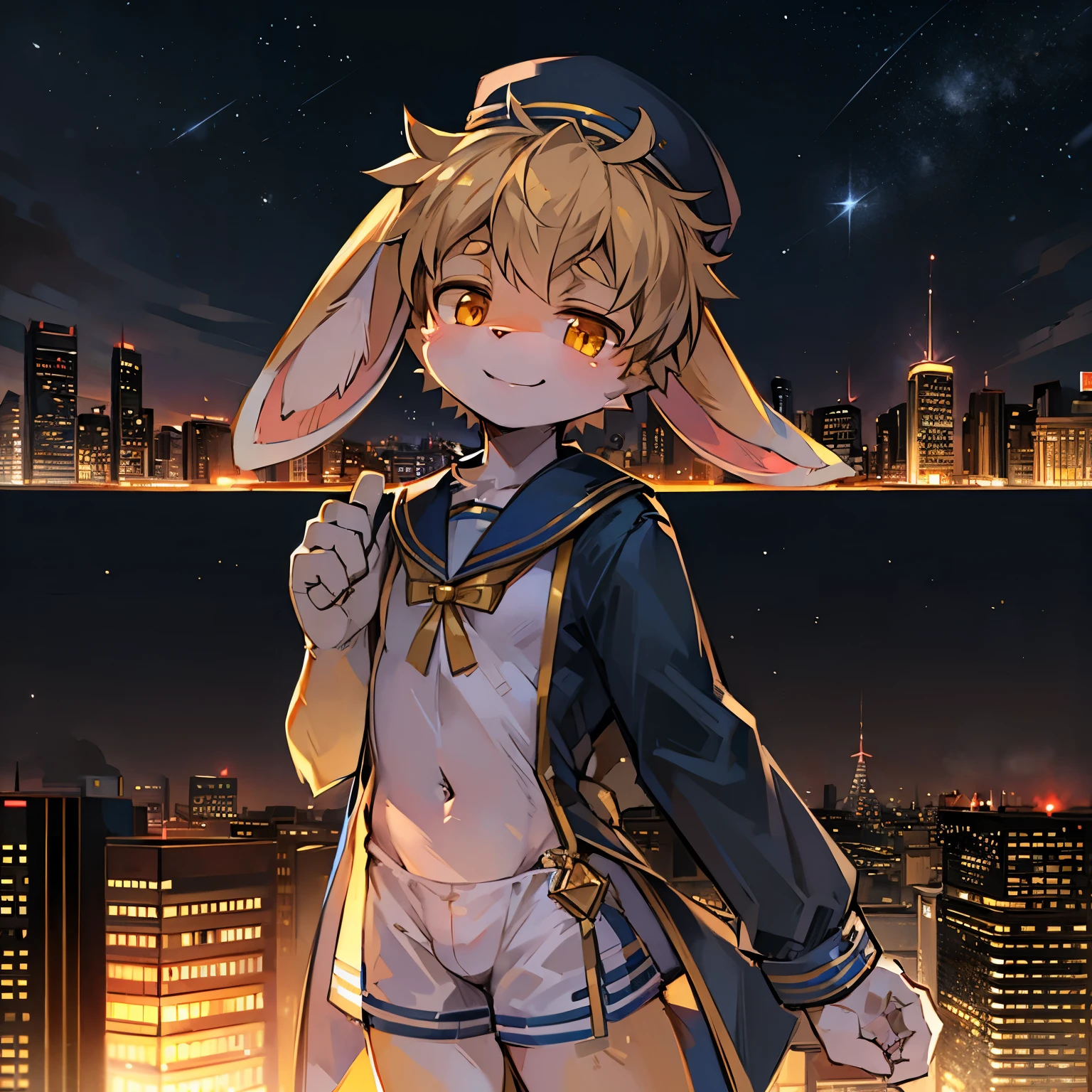 Bright outside，Lop-eared rabbit boy，Male focus，furry men，Characteristics of three--old ，One meter three height，Golden Eyes，Sailor Suit，Sailor Shorts，Sailor hat，Holding bright stars，Smile，City bright background