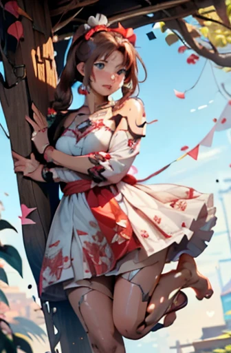 A Female robot is sleeping in tree, spread legs, nude, banzai pose. she wears no dress. She Brown short hair is tied with two big red clothespins, She lifts up the under hem of her white plain dress, leaning over, masterpiece, very short pigtails,brown hair, mature, android, blue eyes, full body figure, Height: 160cm, flushed cheeks, 2020s anime picture, A beautiful robot with short brown hair in two short pigtails held up by two very large huge red clothespins, Uplifting, No NSFW, whole body, barefoot, archaic smile, getting orgasm, 25 years old, sweat bucket.